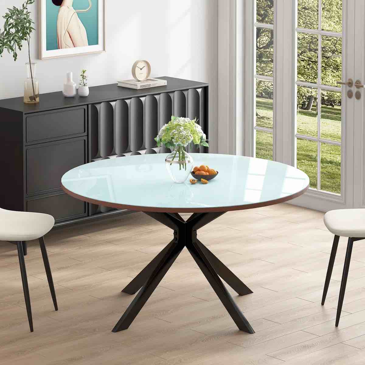 47.2" Round Glass And Wood Dining Table With Black Metal Base Fits Kitchen, Dining Room, Living Room