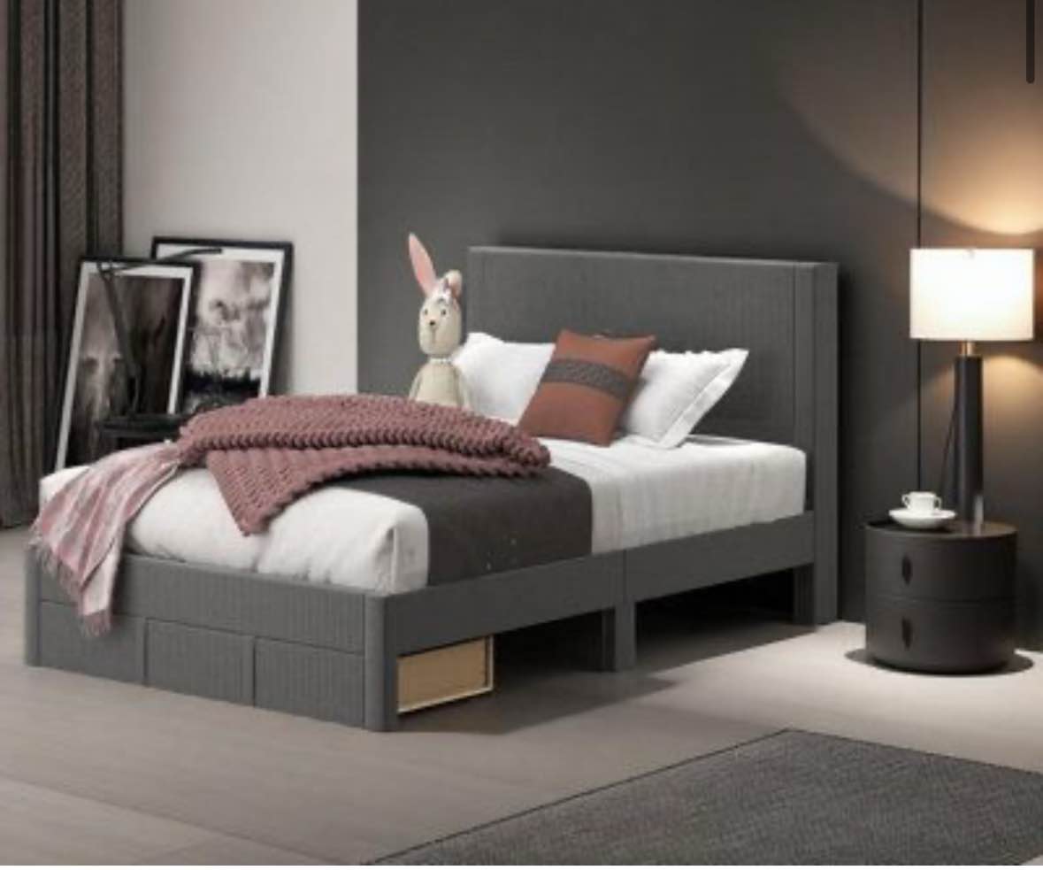 Kesser Modern Platform Bed w/ Plush Ribbed Headboard & Integrated Drawer King