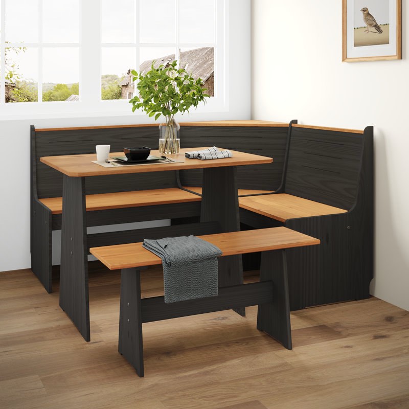 Berna 3-Piece Solid Wood Corner Dining Set - Modern Style, Space-Saving Kitchen Nook Furniture