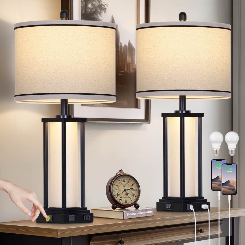 27'' Tall Vintage USB Table Lamp Set with Nightlight