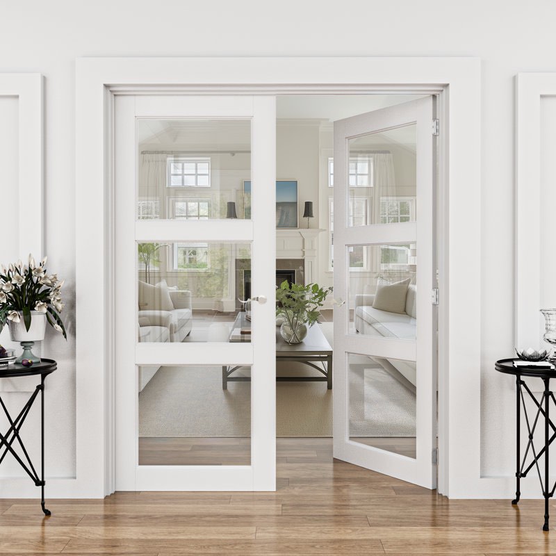 80"H 3-Lite Clear Glass White Primed Interior French Doors With Hinge And Installation Hardware Kit /Handles