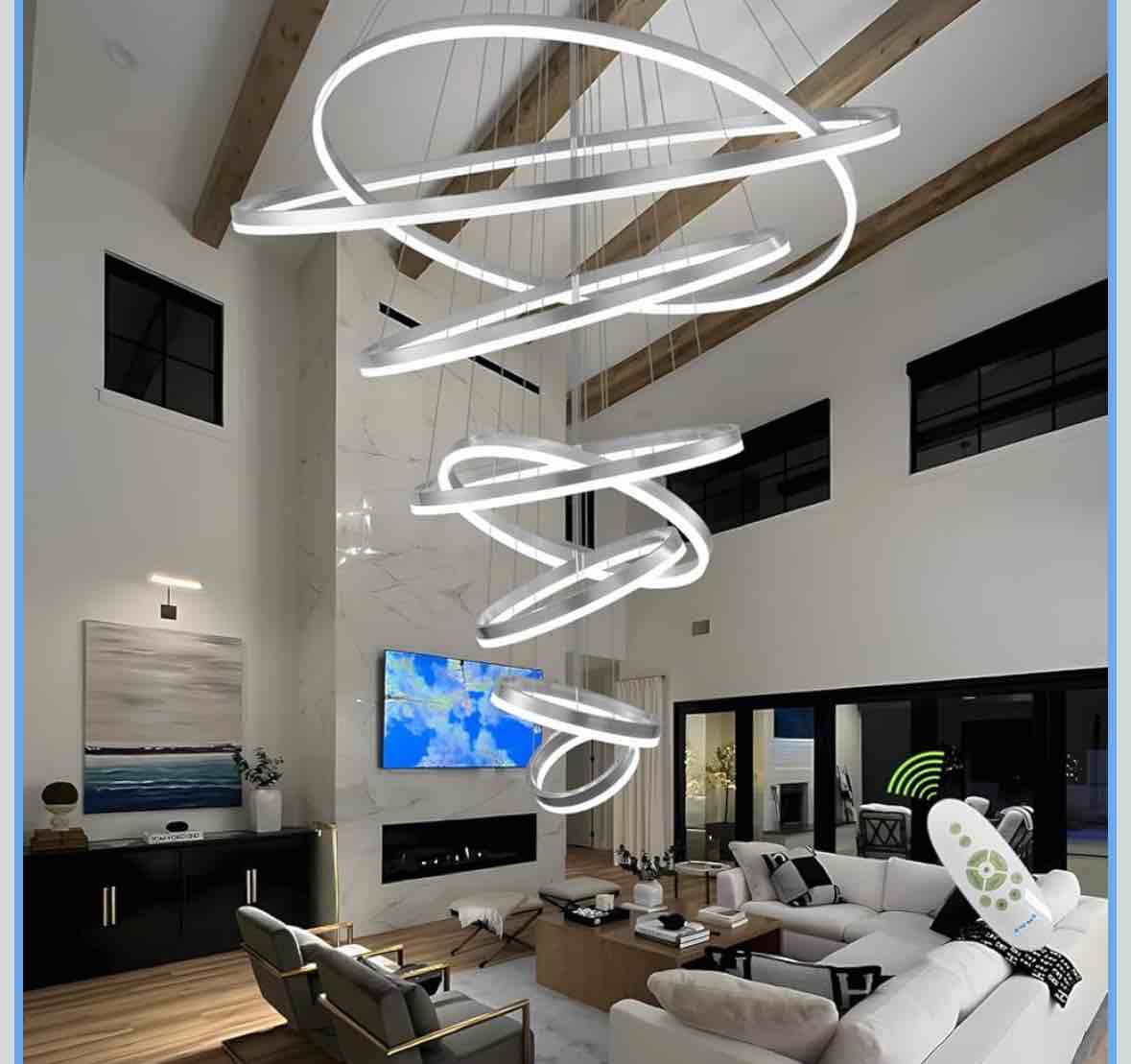 Flashing God Large Chandeliers for High Ceilings, H118 Foyer Chandeliers Entryway High Ceiling Chandelier Modern 5 Ring Silver Led Ring Chandelier Light Fixture for Living Room Entrance Staircase