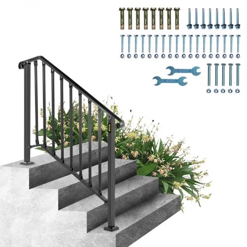 vevor handrails for outdoor steps, fit 3 or 4 steps outdoor stair railing, picket#3 wrought iron handrail, flexible porch railing, black transitional handrails for concrete steps or wooden stairs