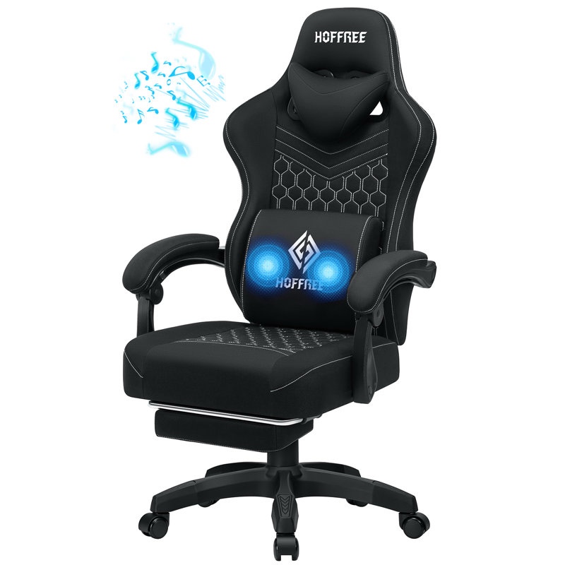 Reclining Ergonomic Fabric PC & Racing Game Chair With Bluetooth Speakers And Vibration Lumbar Pillow