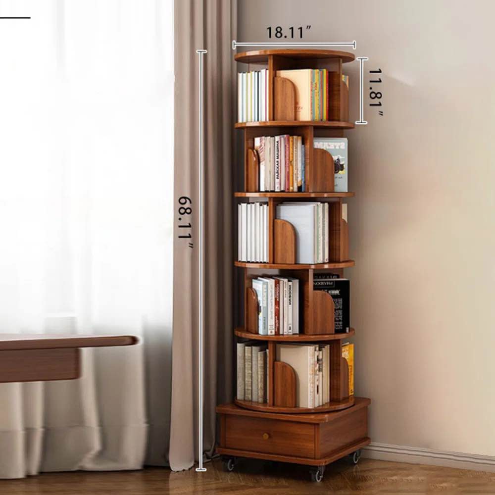 68.1'' H X 18.1'' W 5 Tier Rotating Bookcase With 1 Drawer, 360 Display Corner Bookshelf For Small Space