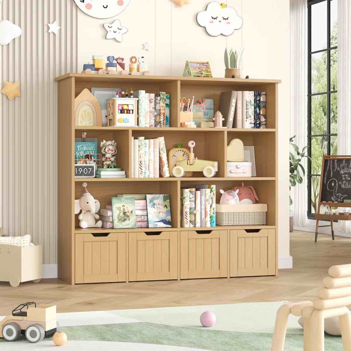 Kirklyn 49.4"W 7 Cube Bookcase, Standard Bookcase With 4 Removable Drawers, Wood Storage Standard Bookshelves