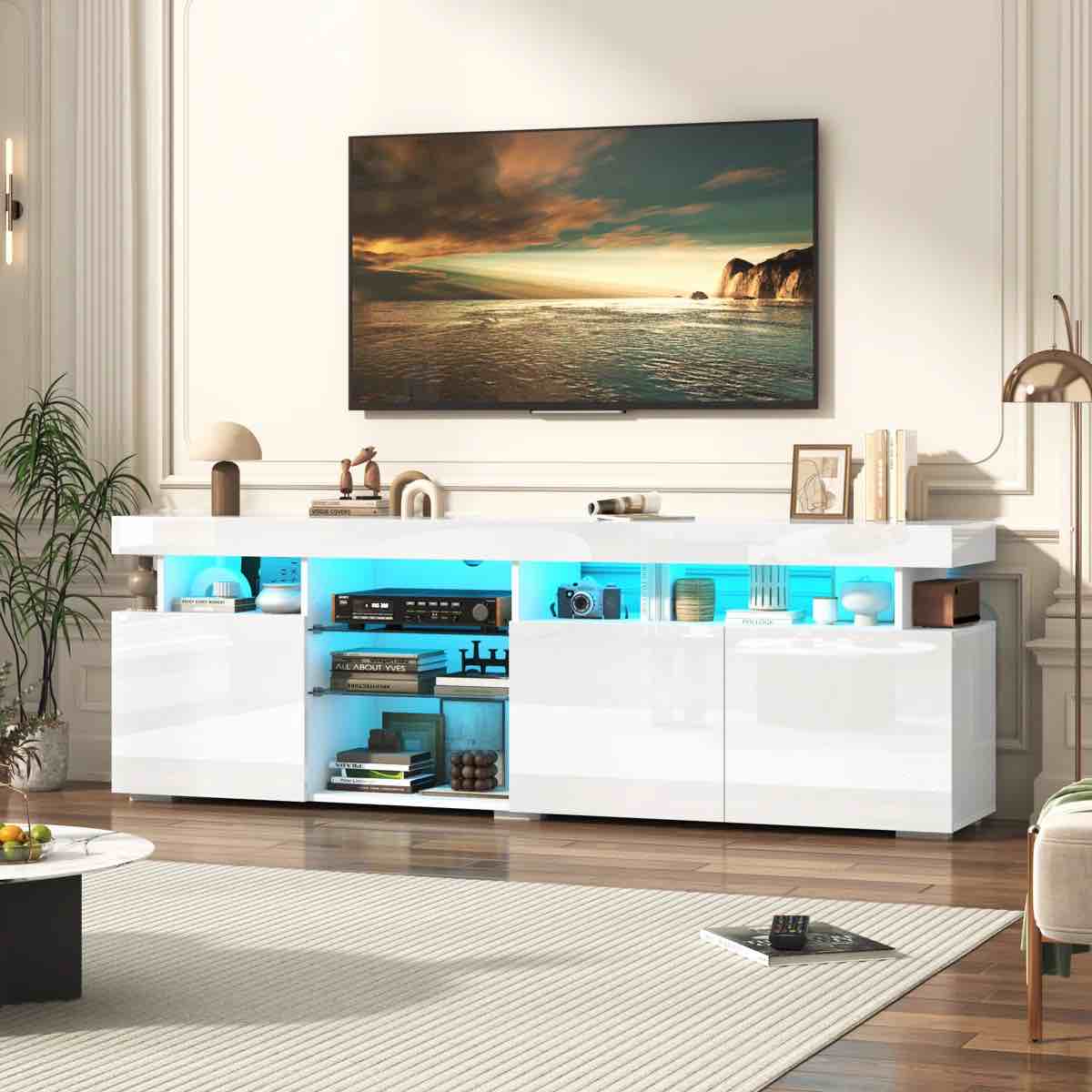 70" High Gloss Led Tv Stand For Tvs Up To 80", Modern Entertainment Center With Storage,