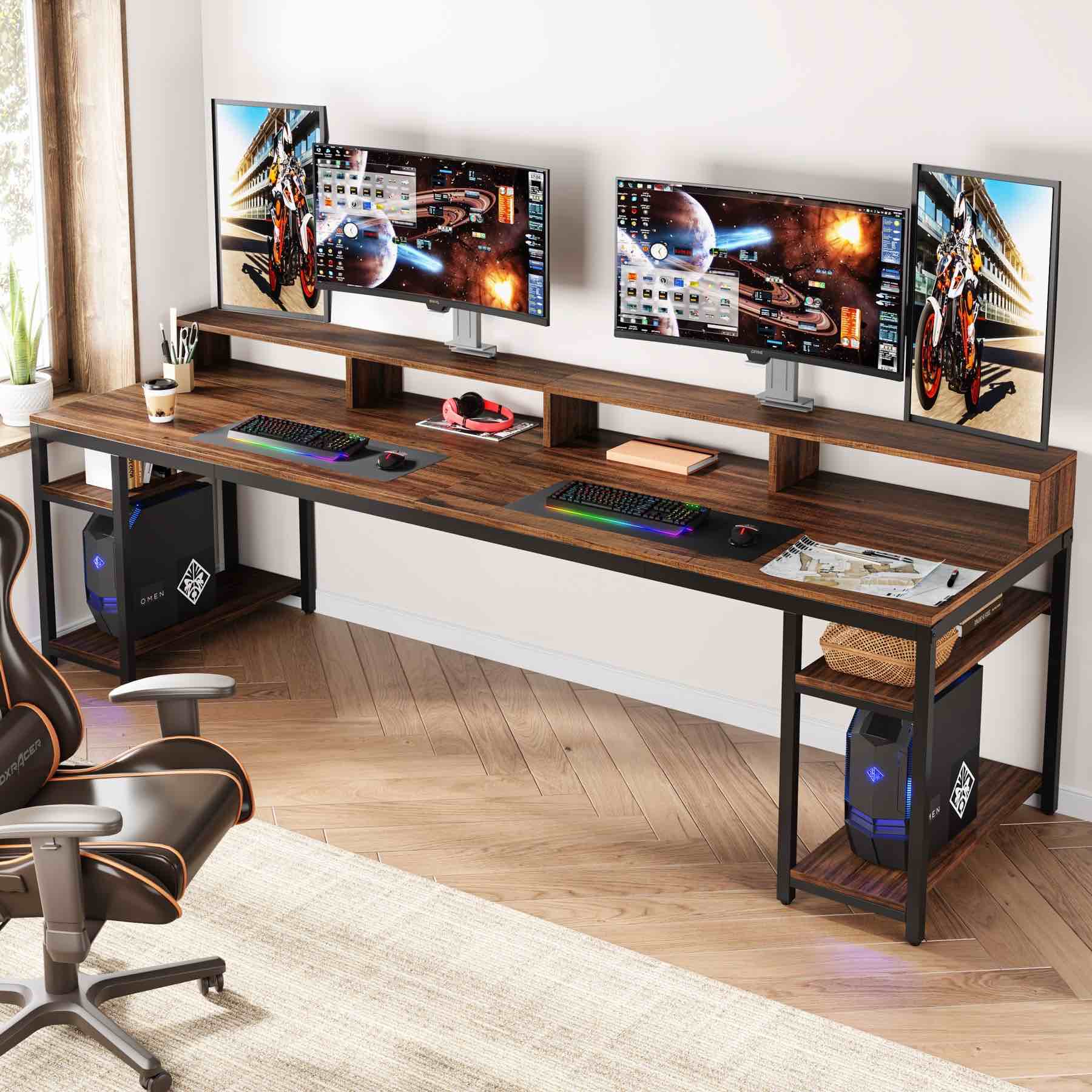 Two Person Desk, 78.7" Computer Desk With Monitor Stand and 4 Open Shelf