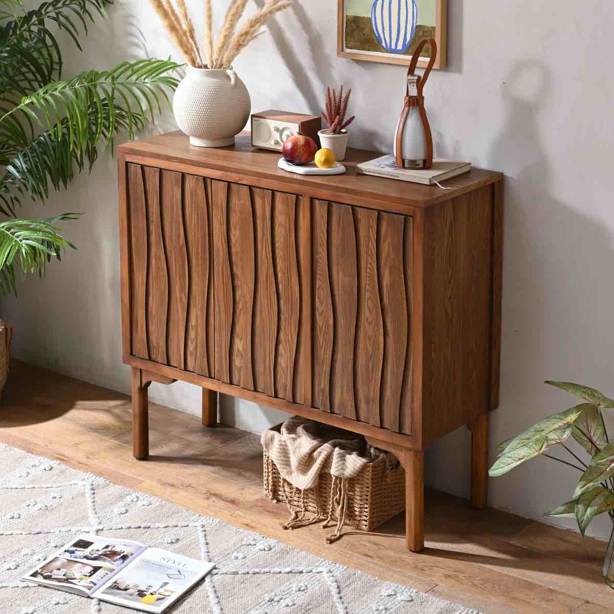 Vintage 3-Door Storage Cabinet With Adjustable Shelves, Slatted Doors, And Walnut Finish 