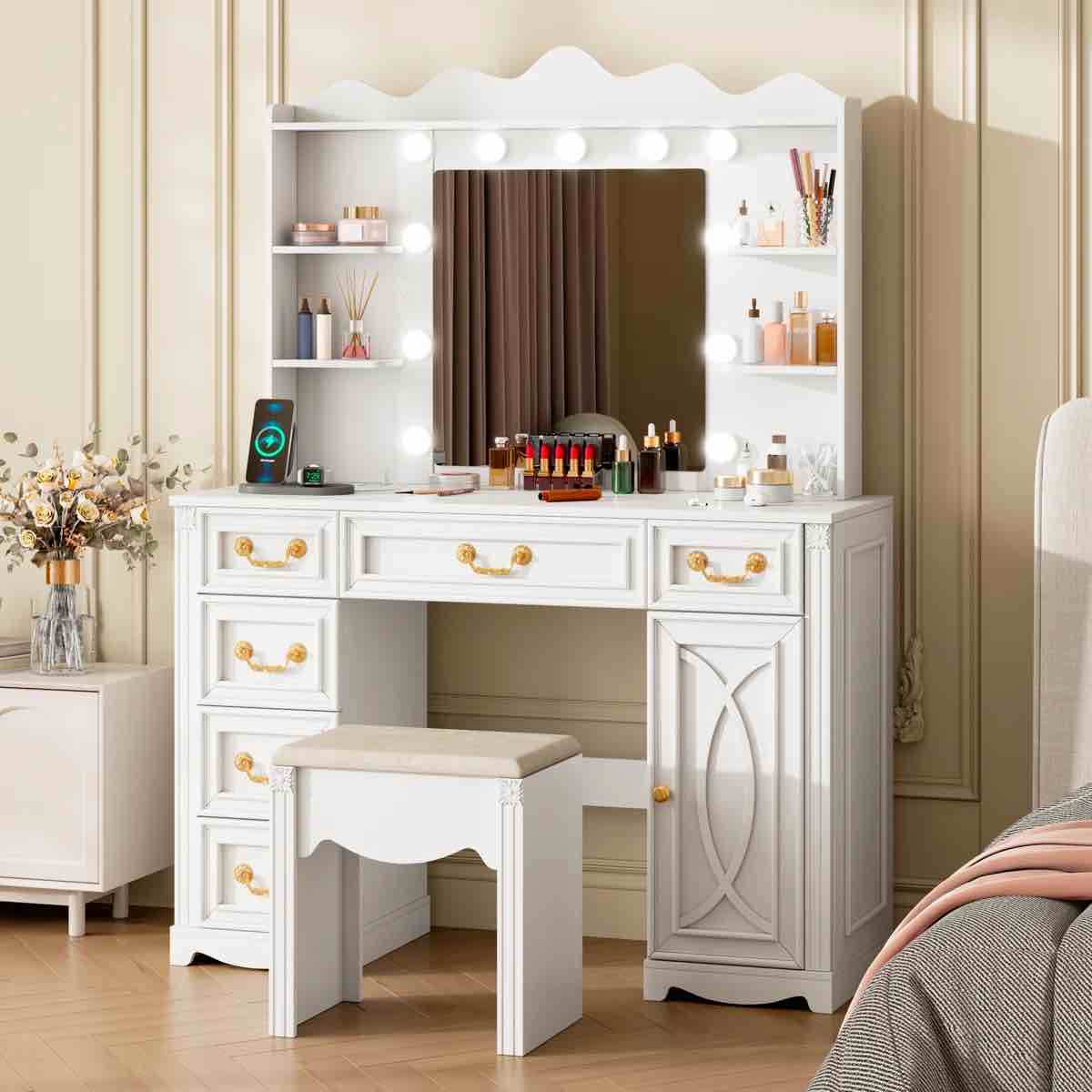 Makeup Vanity with 3-color Lighting Mirror, Outlets, Stool, Storage Drawers and Cabinet