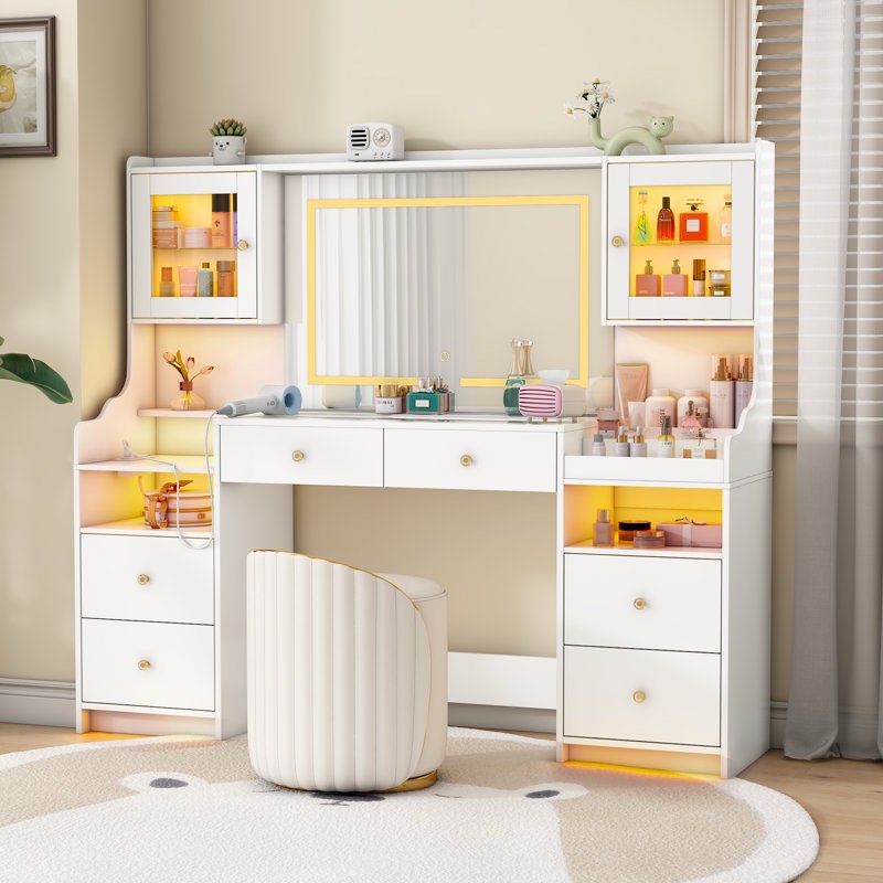 Leritan 62" Makeup Vanity Desk with Lighted Mirror, Tempered Glass Top, Power Outlet, 4 Drawers, and RGB Lighted Cabinet 