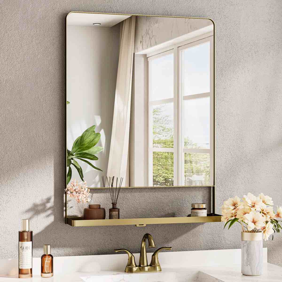 Tillymae Bathroom Vanity Mirror Metal Rectangle Wall Mirror Accent Mirror with Shelves 
