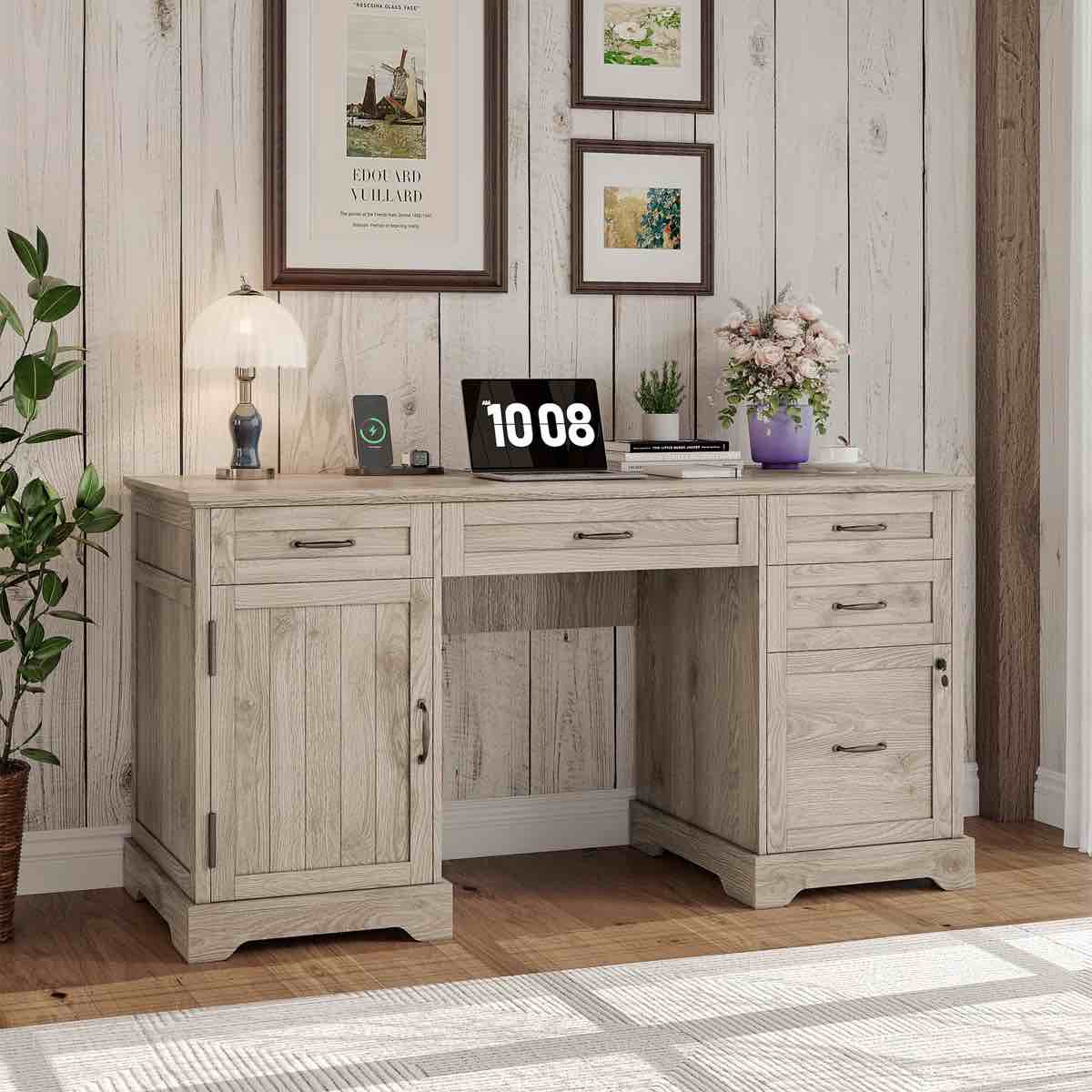 Clabe 55'' Farmhouse Executive Desk with Drawers, File Cabinet and Power Outlets 