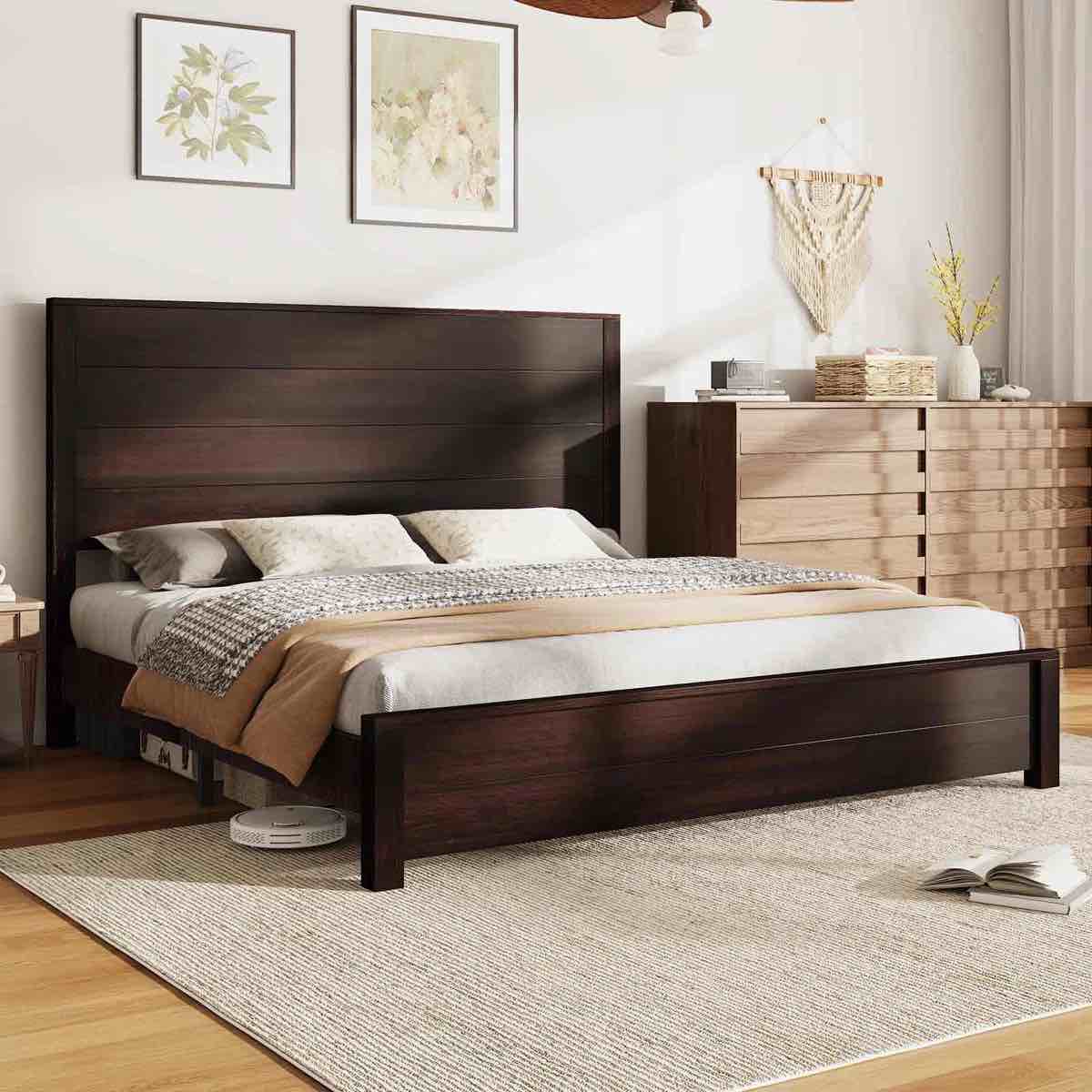 51.2" Solid Wood King Bed Frame, Rustic Platform Bed With Spliced Headboard 