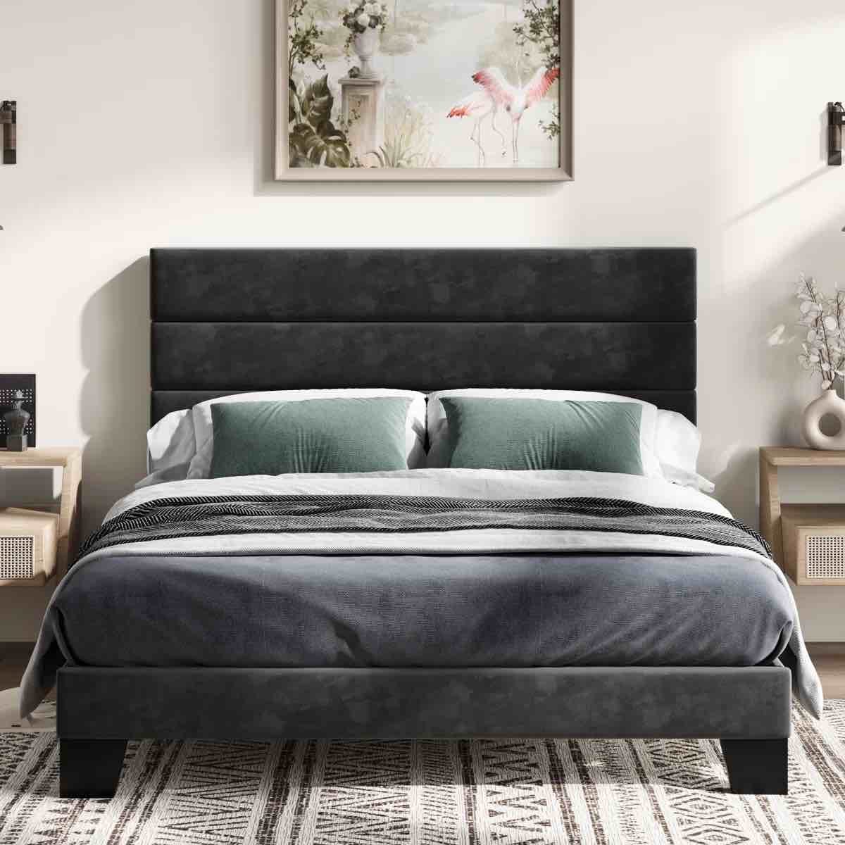 Elison Platform Bed with Fabric Upholstered Headboard and Wooden Slats 