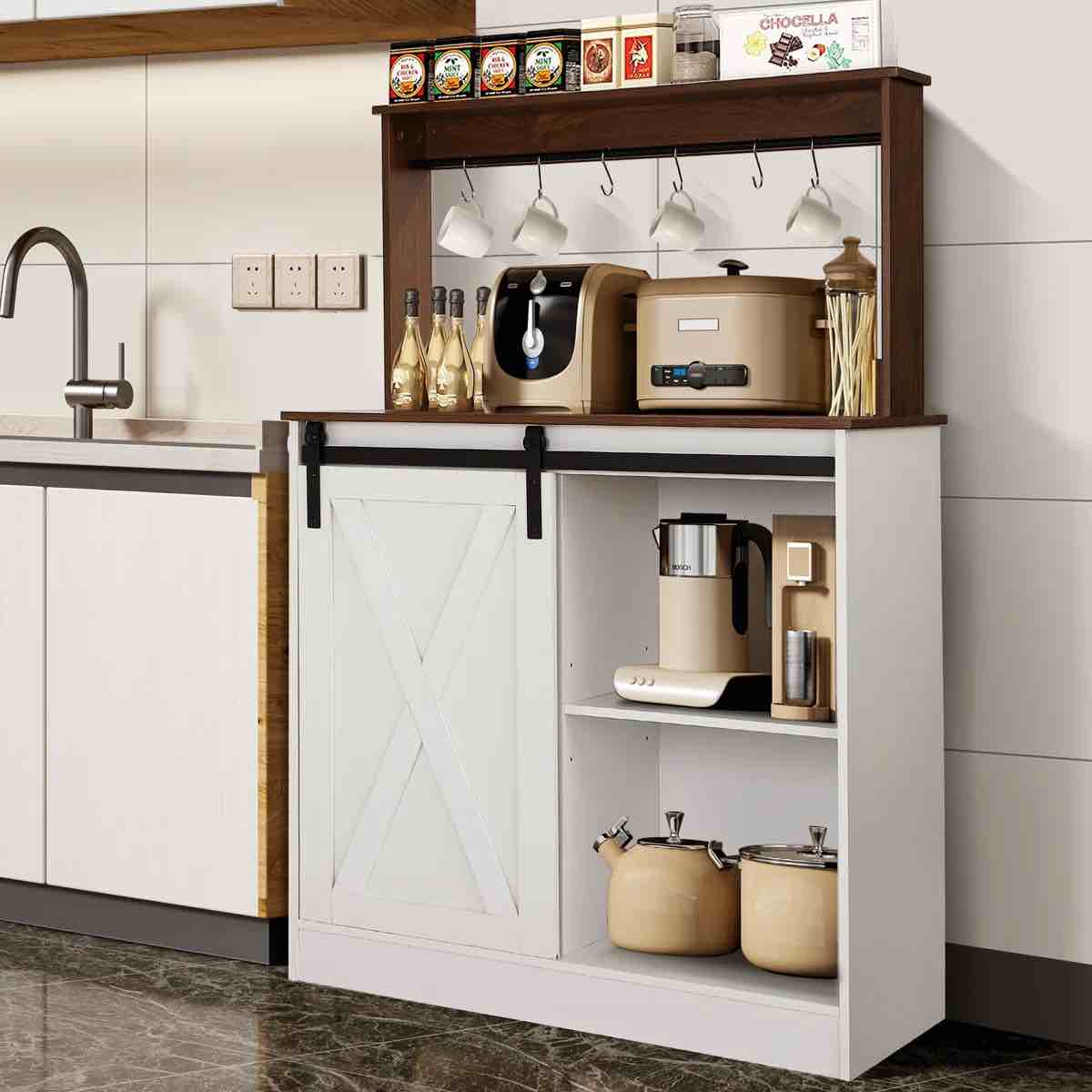 Farmhouse Coffee Bar Cabinet with 6 Hooks, 50'' Coffee Bar Hutch