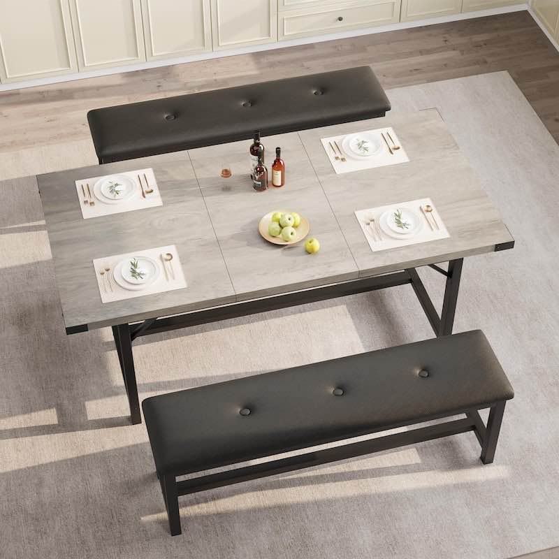 Dining Table Set for 4-6, 63" Extendable Wood Dining Room Table with Corner Protector & 2 Upholstered Benches 