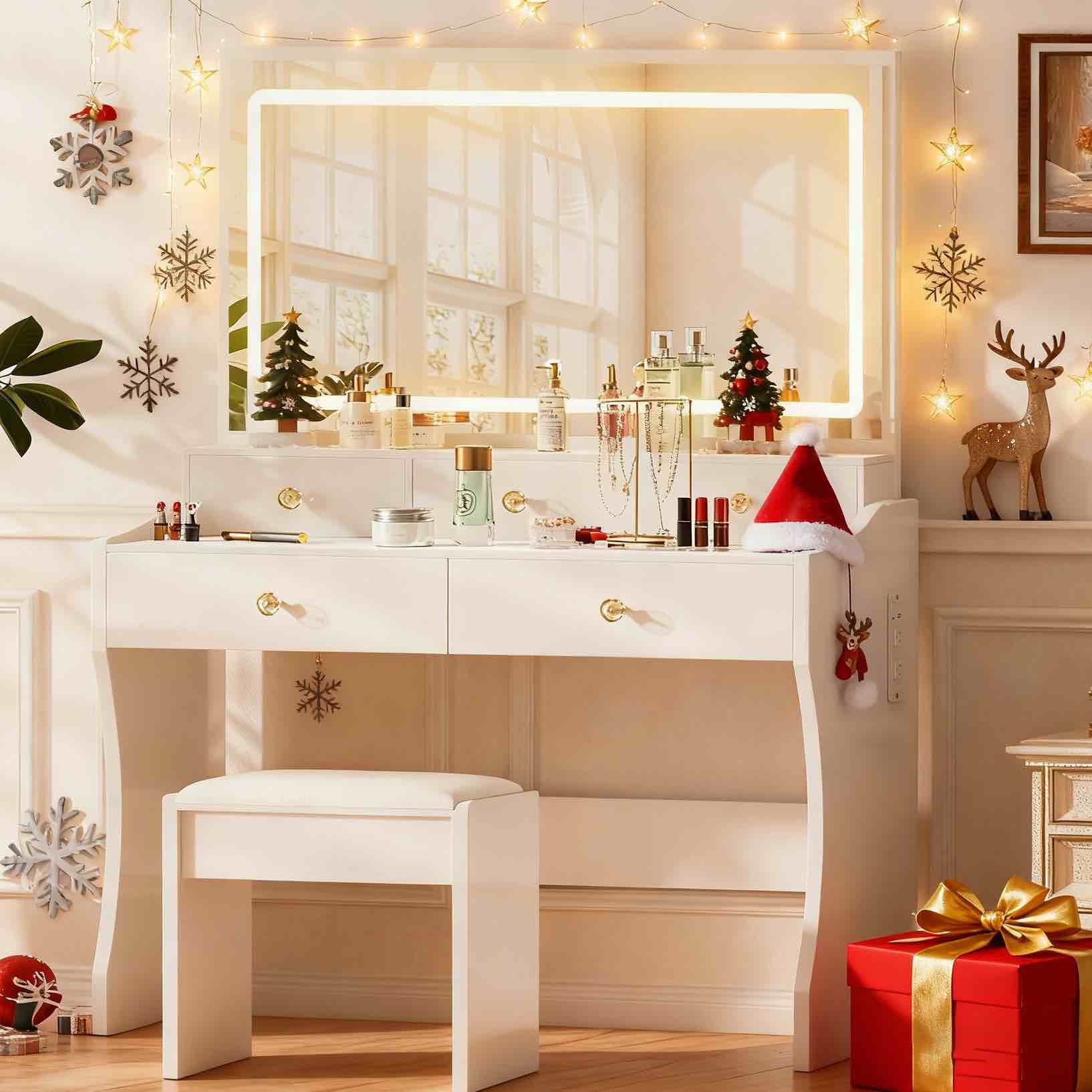 COMHOMA Makeup Vanity Table and Chair Set with 5 Drawers and Charging Station, Mirror and Lights Included B200 