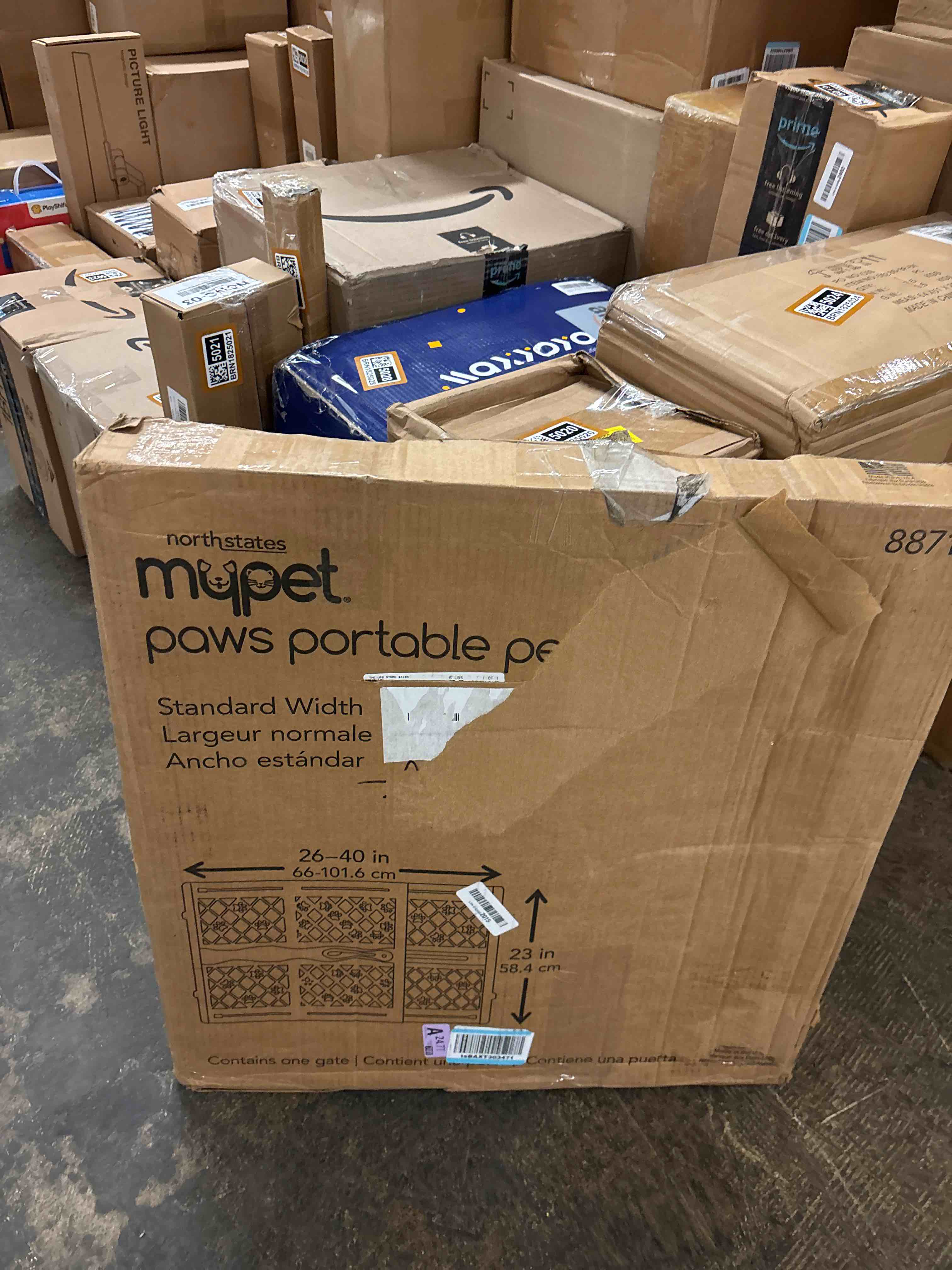 Condition photo showing New/Like New for MYPET North States Paws Portable Pet Gate: 26-40" Wide. Pressure Mount. No tools needed. Made in USA. Dog Gate 23" Tall, Expandable, Durable Dog Gates for Doorways, Light Gray