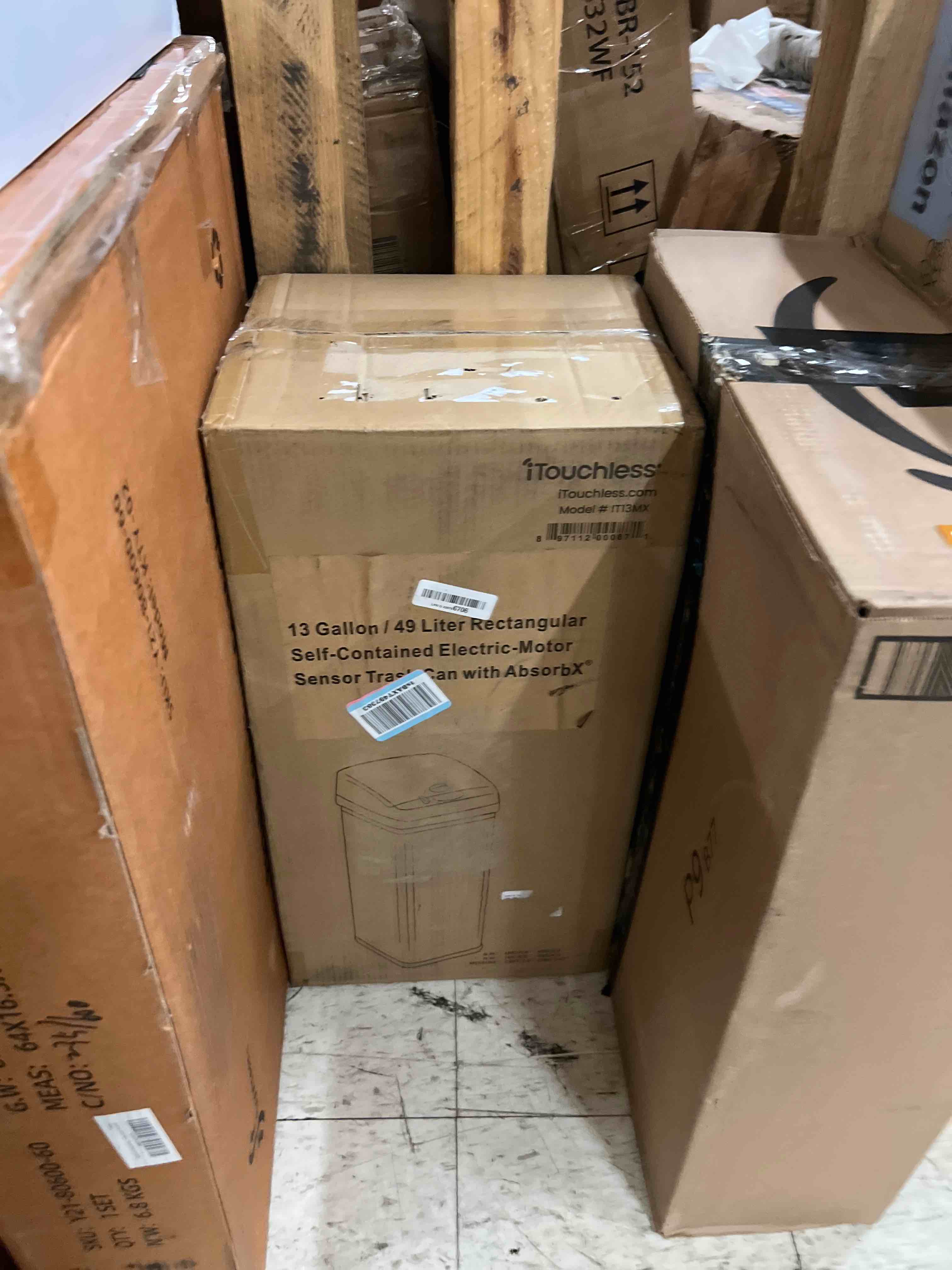 Condition photo showing New/Like New for iTouchless 13 Gallon Sensor Kitchen Trash Can with Lid and Odor Filter, Stainless Steel Trashcan Extra-Wide Lid Opening Slim Garbage Bin for Home Office Work Bedroom Living Room Garage Large Capacity Black, Silver 13 Gal