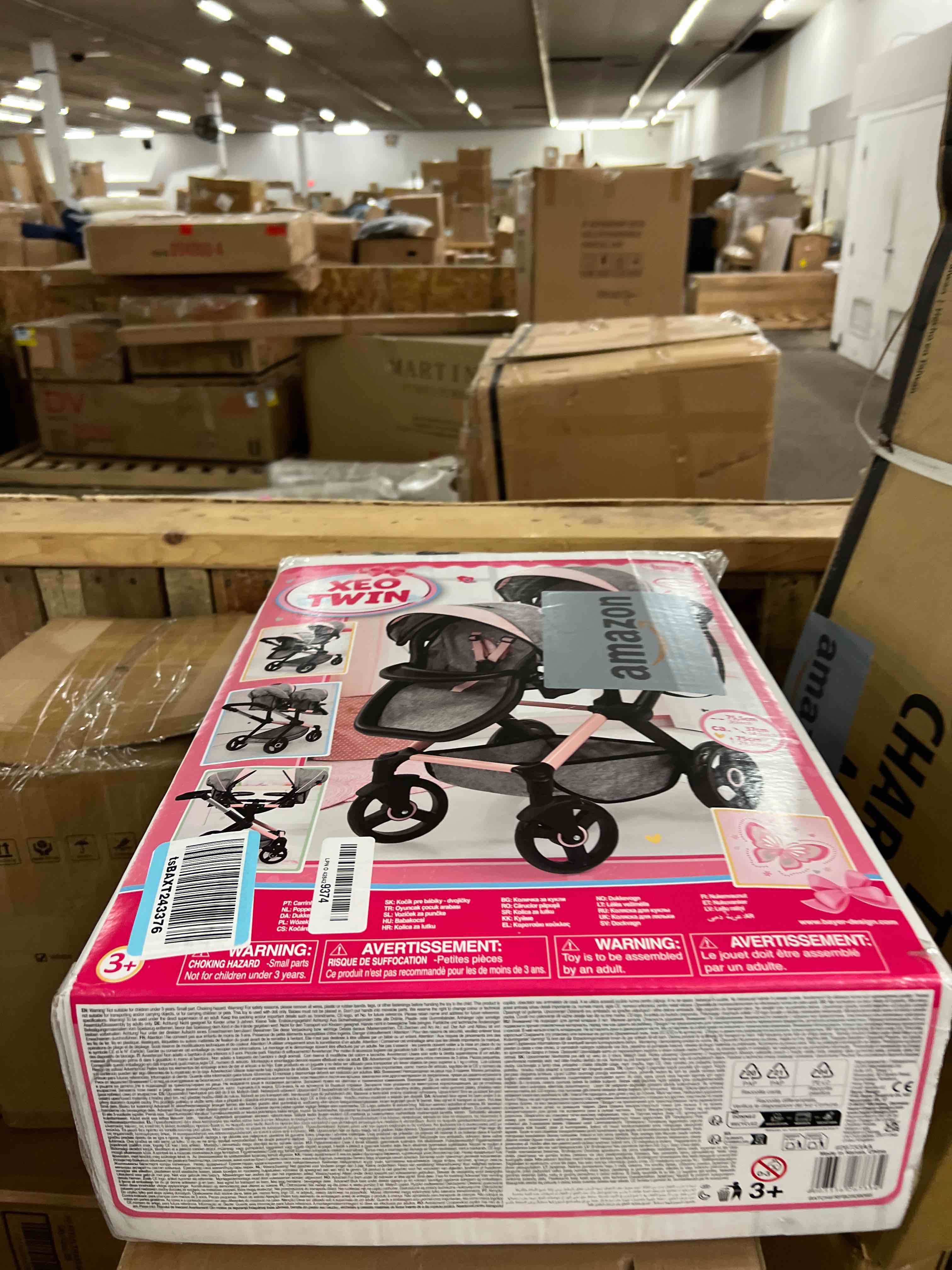 Condition photo showing New/Like New for Bayer: Xeo Twin Pram - Butterfly Grey & Pink - Matching Handbag, Adjustable Handle, for Dolls Up to 20"