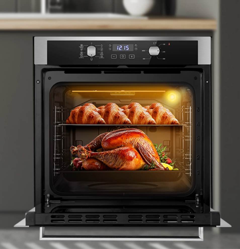 Condition photo showing New/Like New for 24 Inch Single Wall Oven 2.8 Cu.Ft 3220W, Electric Oven with Mechanical Knob Control, 9 Functions, 360° Rotisserie,Triple Glass Door & Enamel Cavity for restaurant, hotel, and home