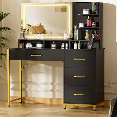 CloudRest Pro - Vanity Desk with Mirror and Lights, Makeup Vanity Table with 4 Drawers & Storage Shelves - Black