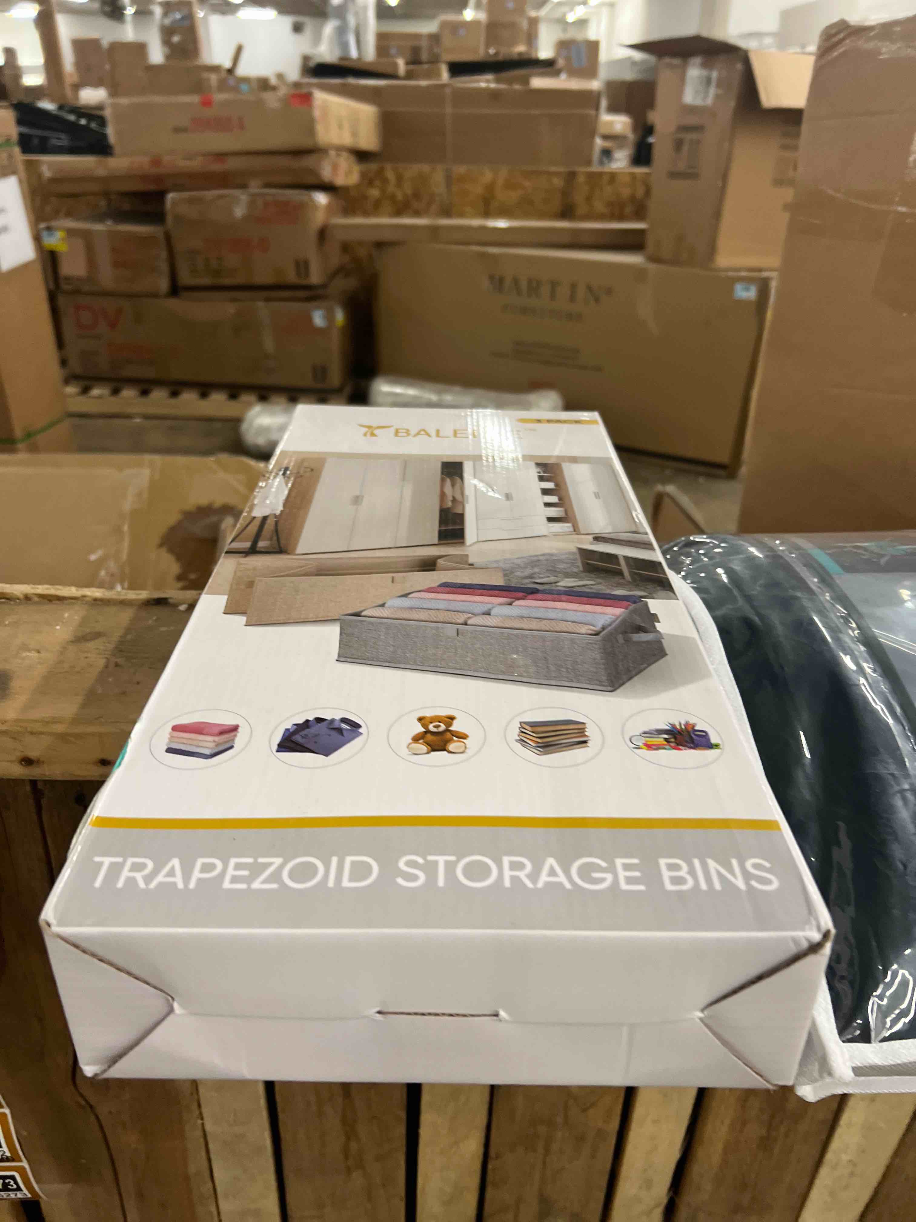 Condition photo showing New/Like New for baleine 3 pack closet storage bins for shelves, trapezoid clothing organizer with handles, foldable linen fabric box containers for home bedroom office, blue large