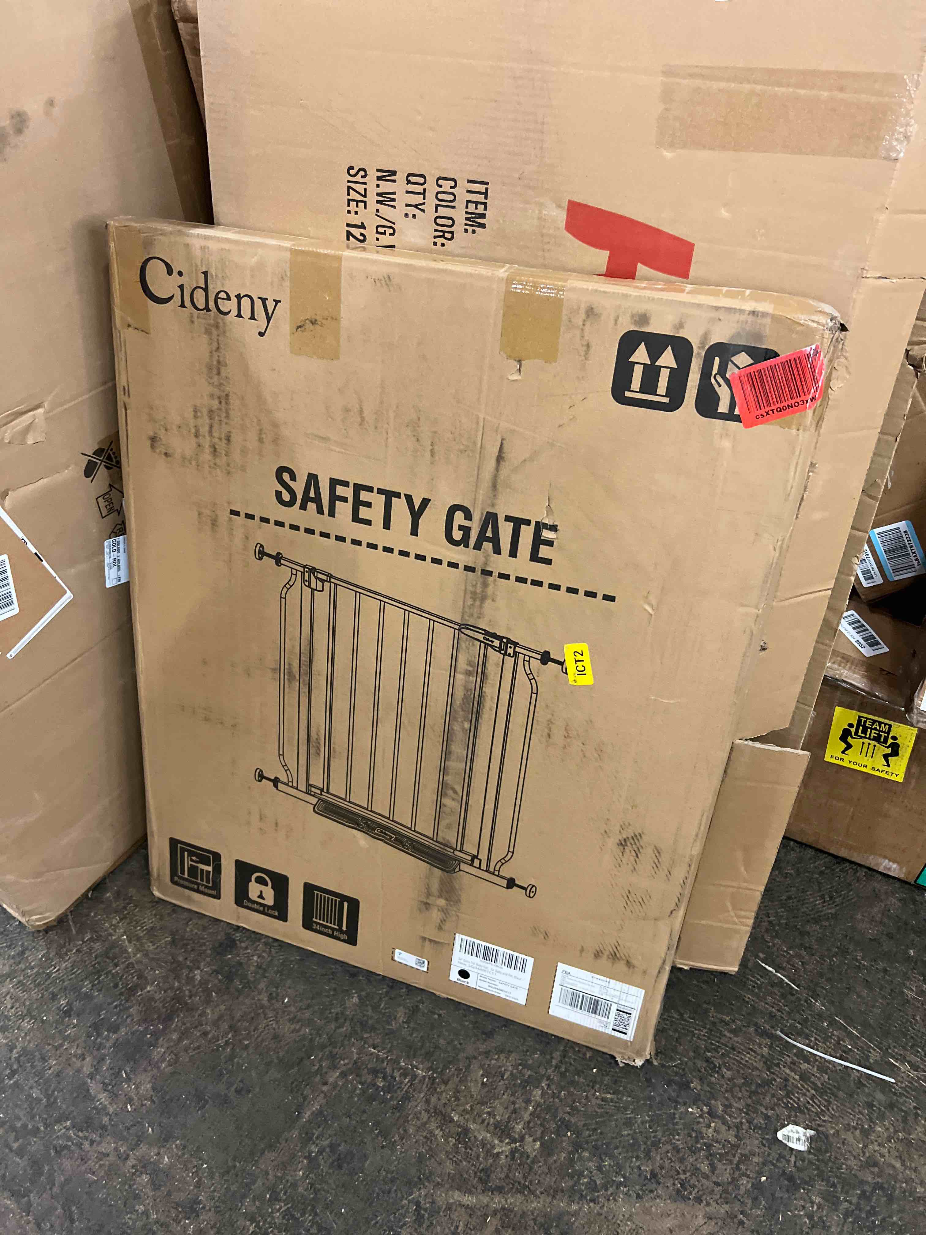 Condition photo showing New/Like New for 34" extra tall baby gate for stairs, auto close stroller friendly dog gate indoor for doorways, pressure mounted 29"-40" wide baby gate, easy walk through gate for children & pets, black