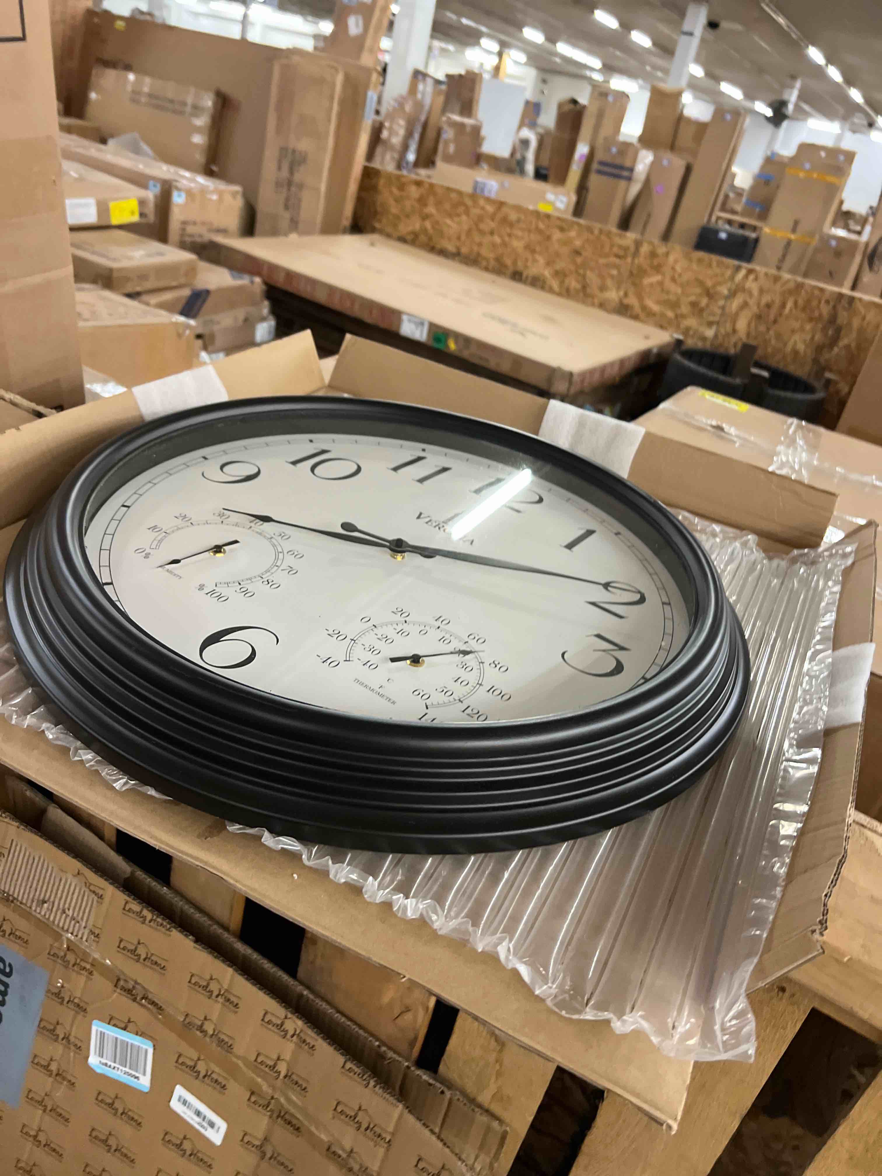 Condition photo showing New/Like New for 18 inch outdoor clocks for patio large waterproof with thermometer - black indoor outdoor clock with temperature and humidity for wall - weatherproof, accurate & easy to read for pool, patio & garden brushed oil black 18 inch