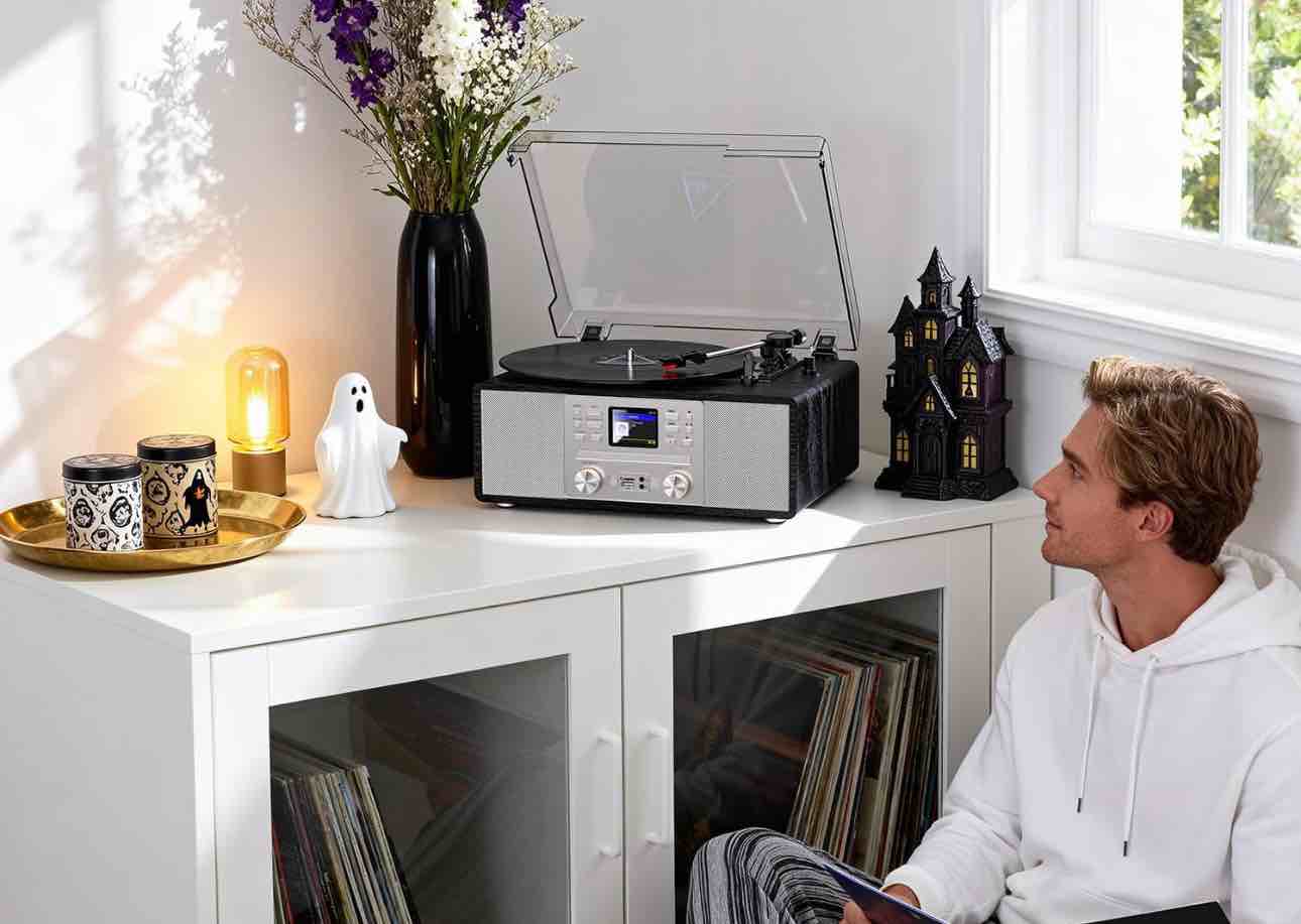 bluetooth vinyl record player with cd & internet radio, usb recording, 3-speed belt-drive vintage turntable with aux/rca, tone control & remote control, retro black audio system for home & gift use black & silver