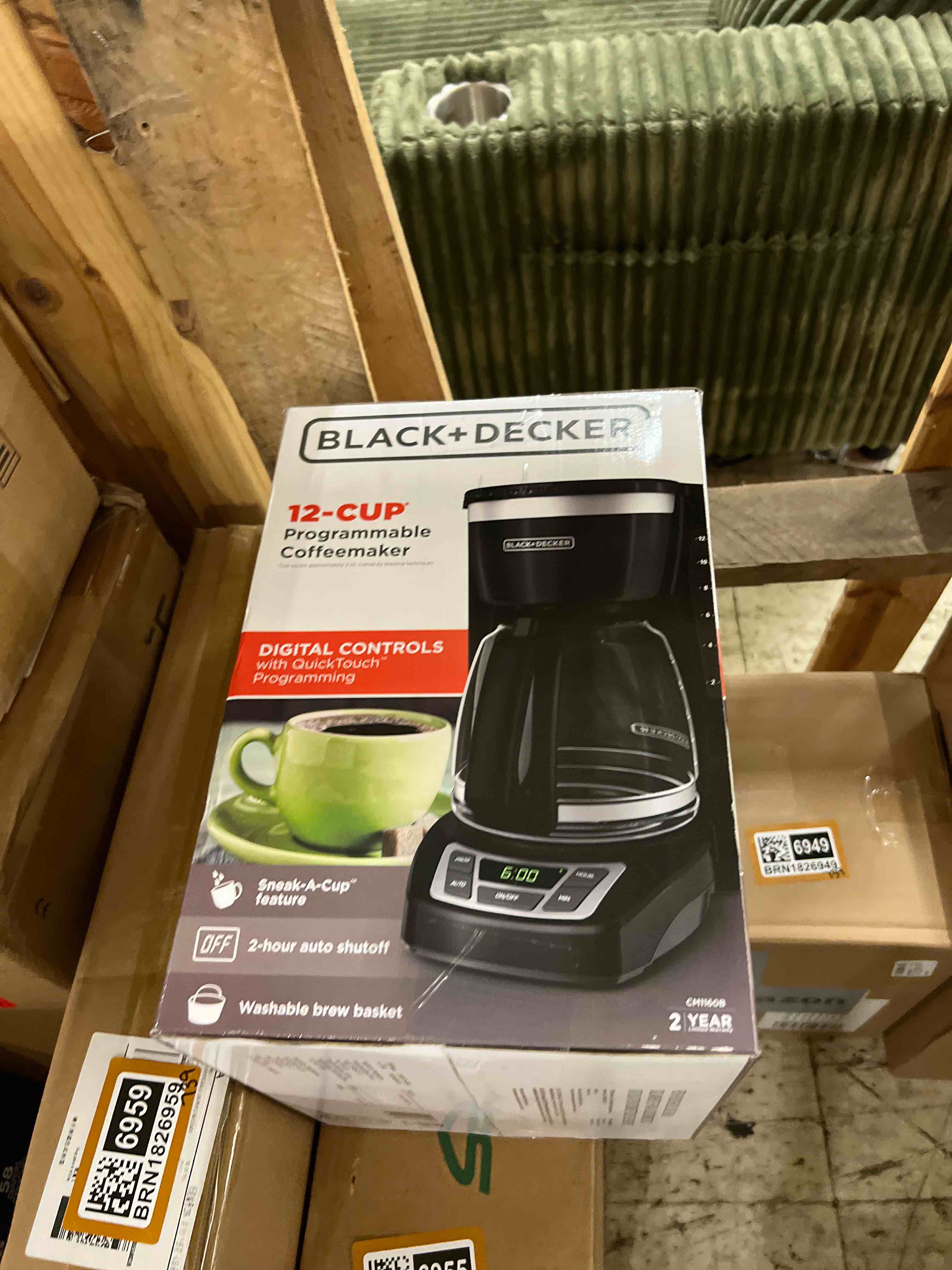 Condition photo showing New/Like New for black+decker 12-cup digital coffee maker, programmable, washable basket filter, sneak-a-cup, auto brew, water window, keep hot plate, black