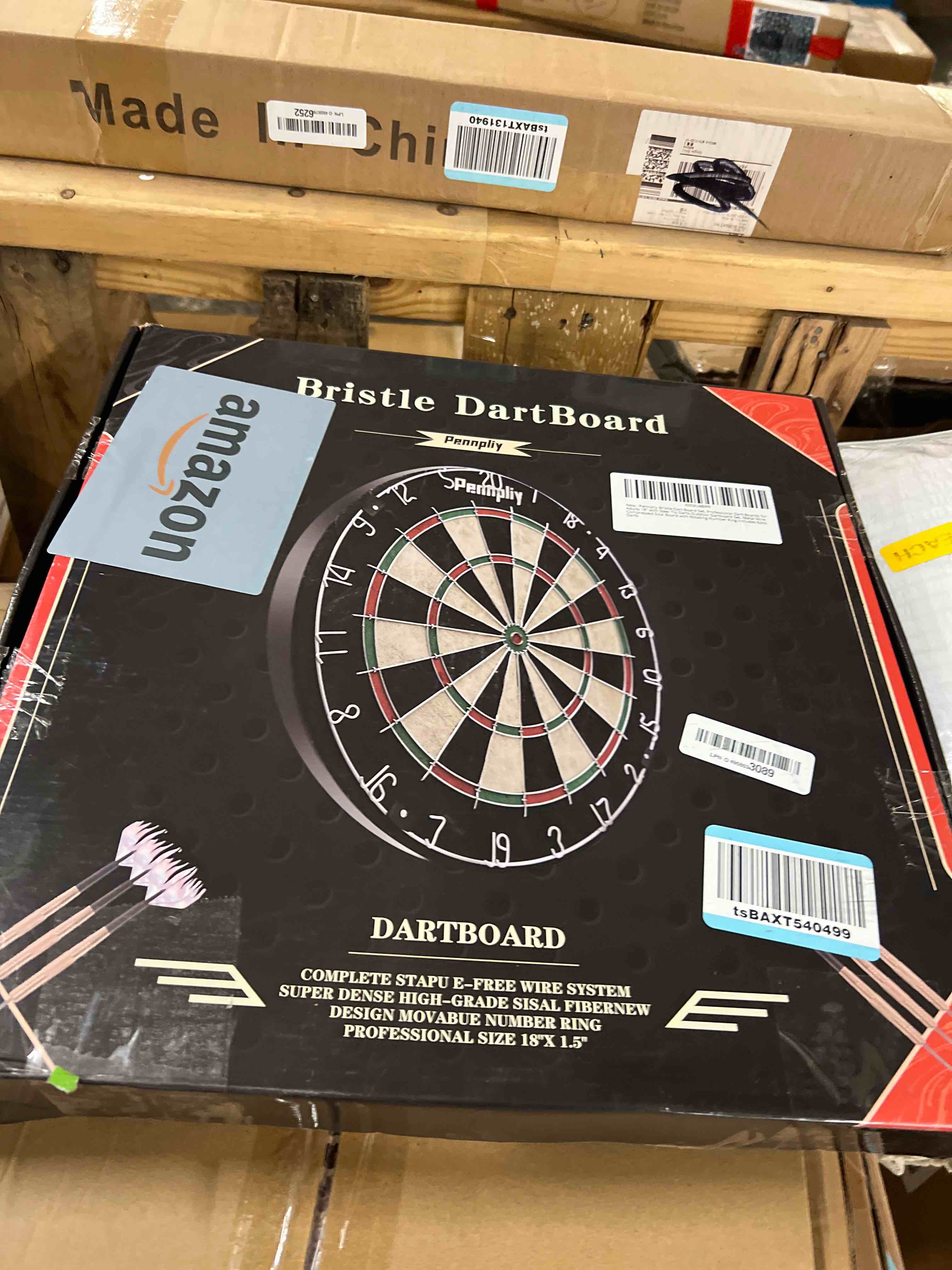 Condition photo showing New/Like New for bristle dart board set, professional dart board 18" with 6pcs 18g darts outdoor dartboard set, compressed sisal metal wire board with rotating number ring classic