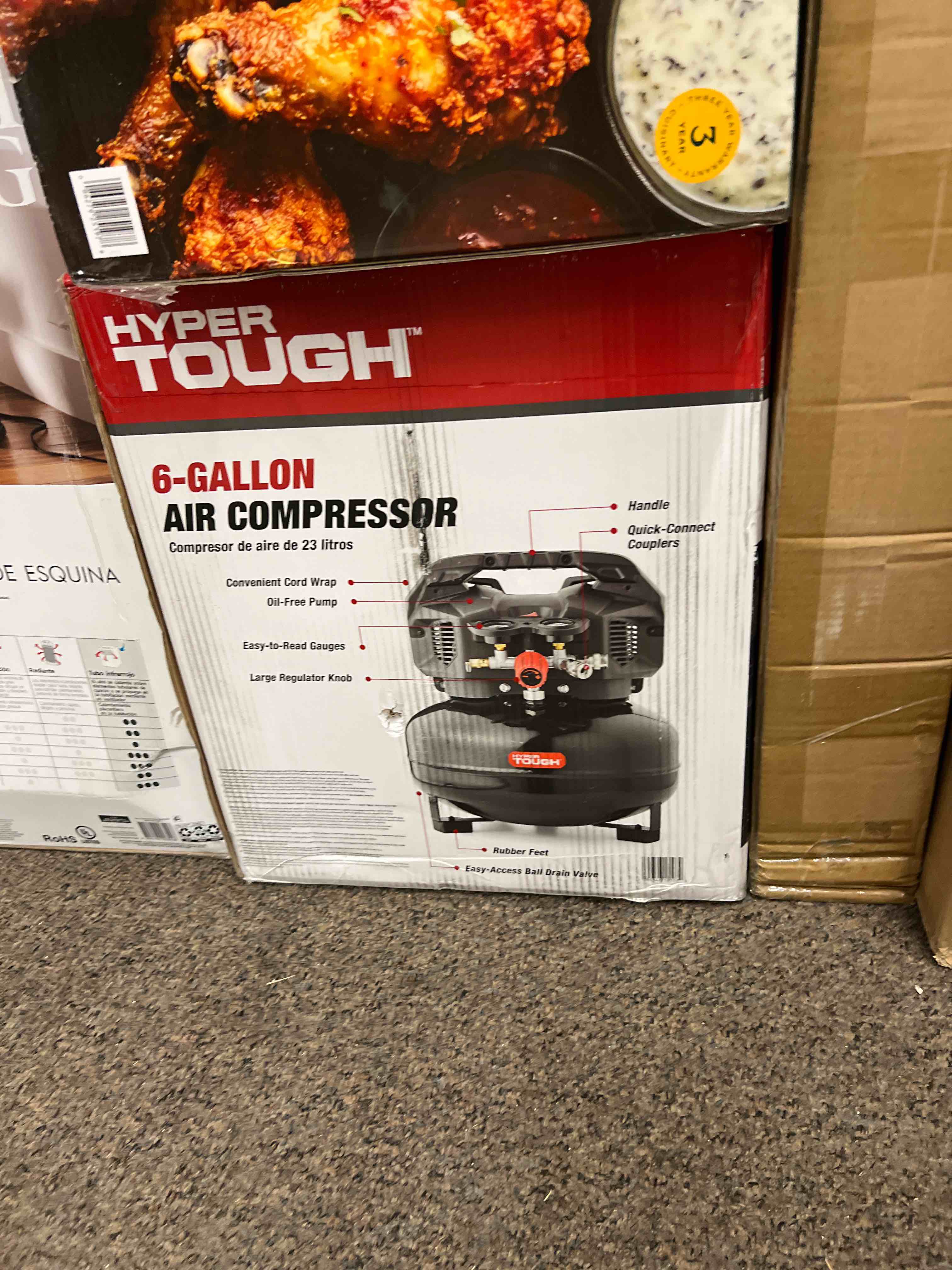 Condition photo showing New/Like New for hyper tough 6 gallon oil free pancake air compressor 150 psi black
