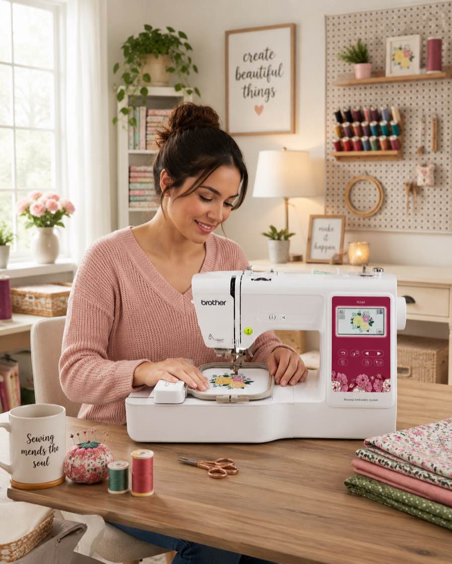 brother pe545 embroidery machine, wireless lan connected, 135 built-in designs, 4" x 4" hoop area, large 3.7" lcd touchscreen, usb port, 10 font styles