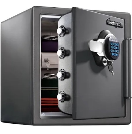 SentrySafe Waterproof and Fireproof Alloy Steel Digital Safe Box for Home with Code Button Keypad, 1.23 Cubic Feet, 17.8 x 16.3 x 19.3 Inches (exterior), SFW123GDC 1.23 cu.ft. 1-Hr. Fireproof, Keypad Safebox