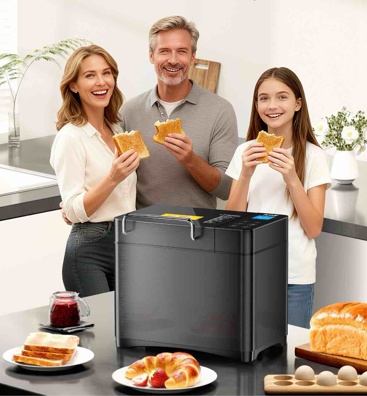 KBS Premium Convection Bread Maker Dual Heater, 17-in-1 Stainless Steel Bread Machine Ceramic Pan, Nut Dispenser,Touch Panel,2lb Loaf 3 Sizes 3 Crust Colors,Gluten-Free,Sourdough,Jam,Yogurt,53 Recipes