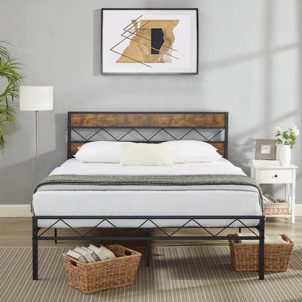 Platform Bed Frame Black Metal Frame Full Size Platform Bed with Rustic Vintage Wooden Headboard, 55 in. Wide