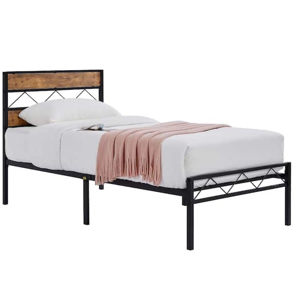 VECELO Platform Bed Frame Black Metal Frame, Twin Size Platform Bed with Rustic Vintage Wooden Headboard, 38.9 in. W
