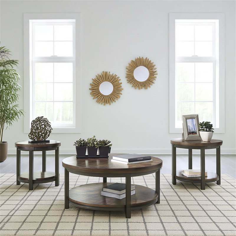 Signature Design by Ashley Roybeck Rustic Round 3-Piece Table Set, Includes 1 Coffee Table and 2 End Tables with Fixed Shelf, Light Brown