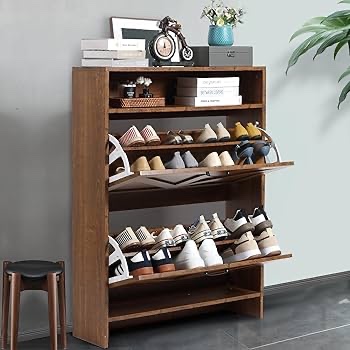 (2) Shoe Organizer Cabinet Slim Shoe Storage Cabinet with 2 Flip Drawers for Entryway, Rustic Free Standing Shoe Rack Hidden Narrow Shoe Holder for Front Door, Foyer, Hallway, Barn
