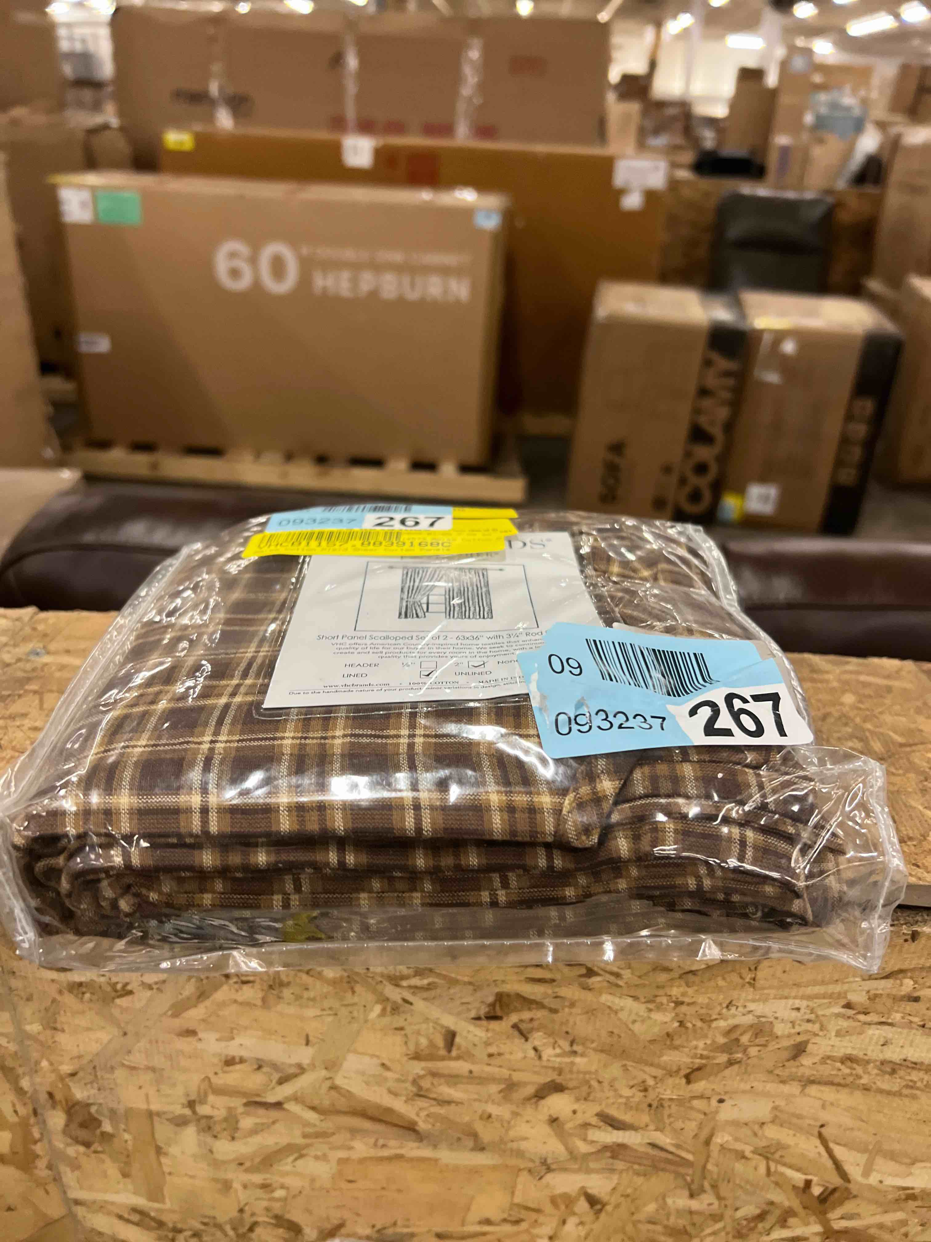 Condition photo showing New/Like New for VHC Brands Prescott Rustic 63"x36" Panel Pair Brown Rod Pocket Cotton Plaid Tie Back(s) Window Curtains