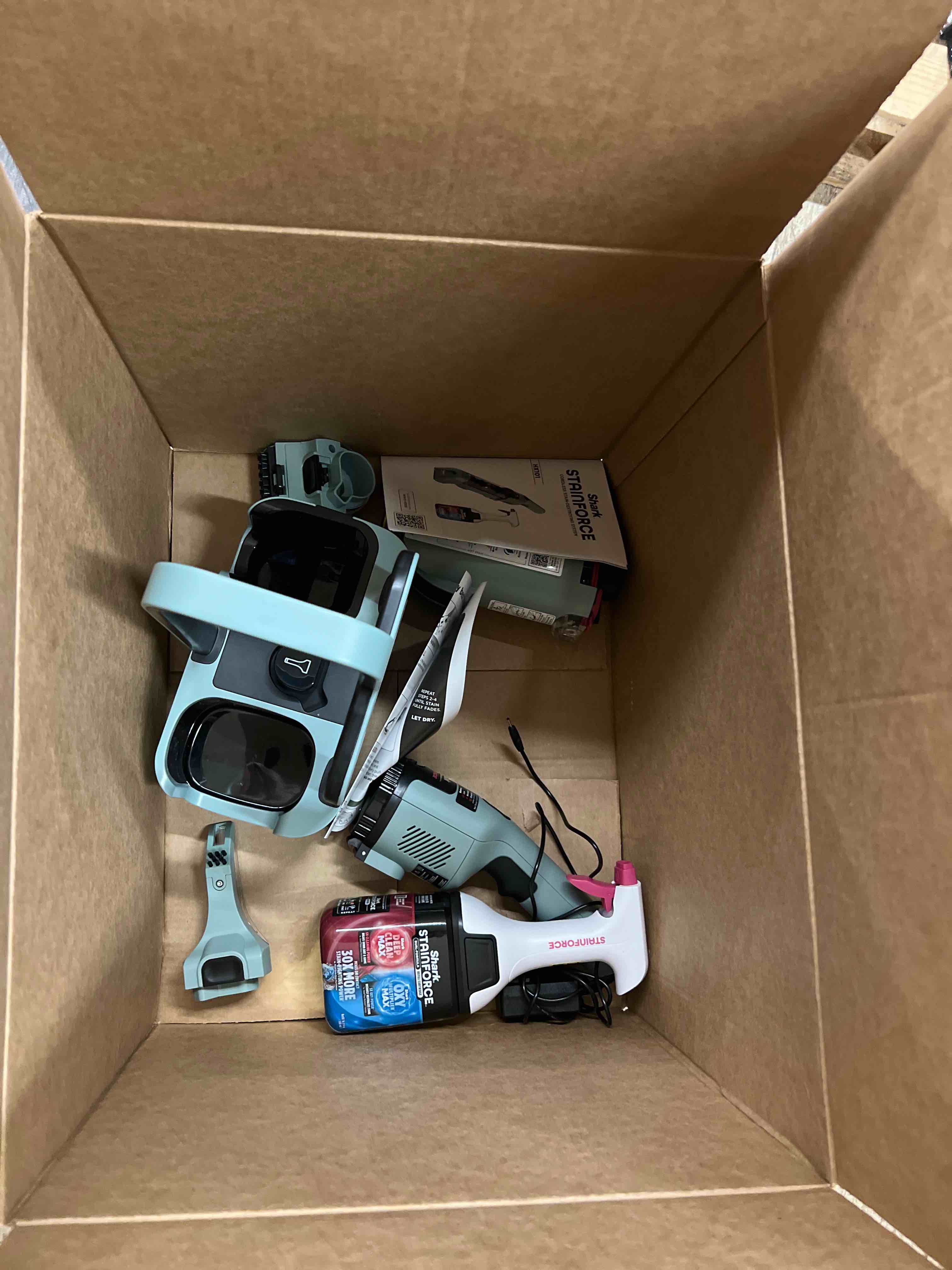 Condition photo showing Good Condition for Shark StainForce Cordless Portable Spot, Stain, & Odor Remover System for Carpets, Area Rugs, Upholstery, Stairs, with Storage Caddy, Accessories, and Full-Size Cleaning Solution, HX101 (NEW)