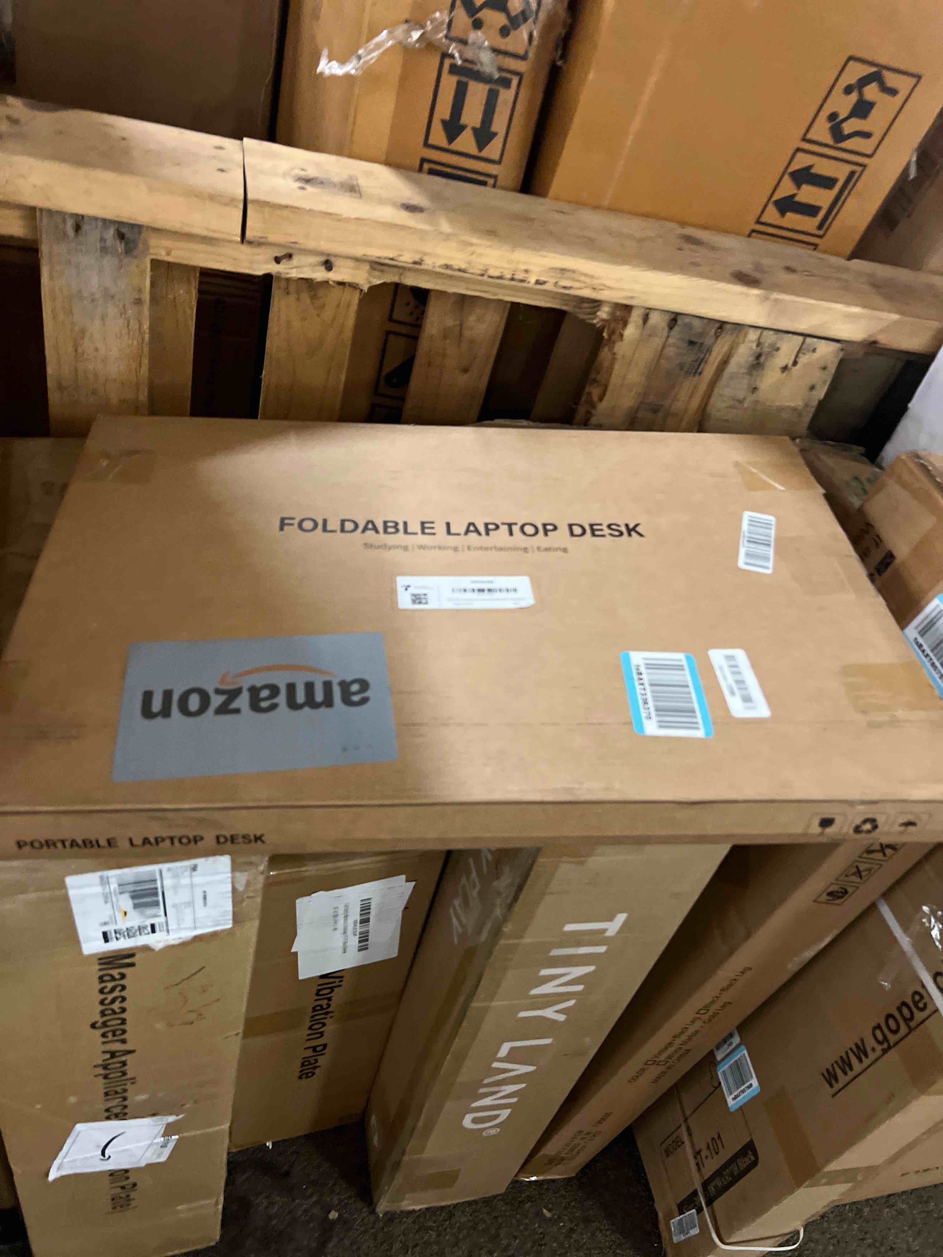 Condition photo showing New/Like New for Foldable Lap Desk, Laptop Bed Desk, Portable Lap Table, Laptop Bed Table with Cup Holder & Tablet Slot & Lifting Handle for Working Writing Drawing & Eating - Gray Wood