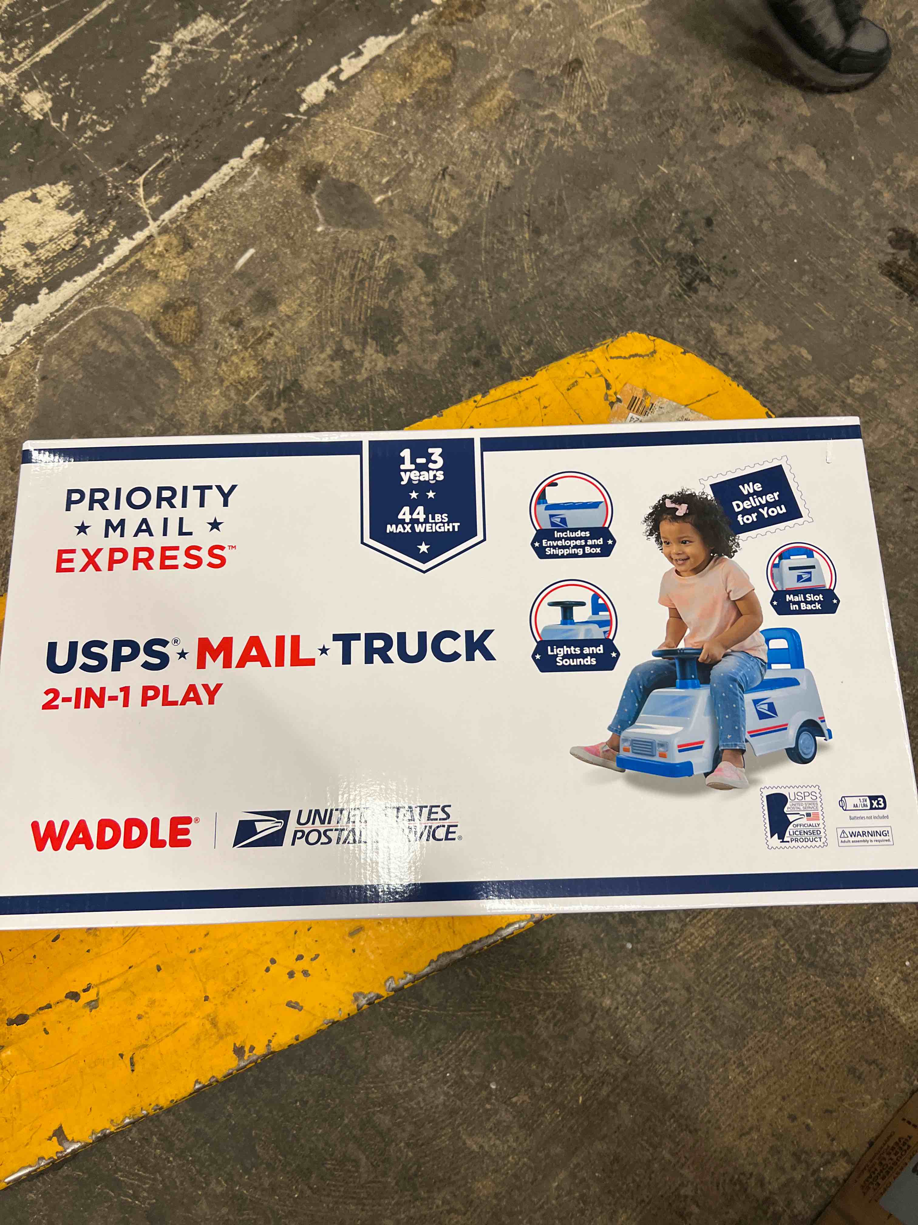 Condition photo showing New/Like New for Waddle USPS Mail Truck Toddler Ride on Toys - Foot to Floor, Lights, Sounds, Interactive Toys, Includes Postal Box, 2 Envelopes, Toddler Toys, Easy Assembly, Durable Quality, Up to 44 lbs