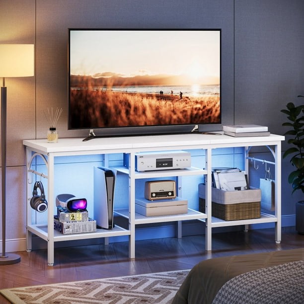 tv stand for tvs up to 47 inch, entertainment center with open storage shelves, tv media console table with soundbar shelf for living room, bedroom