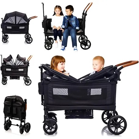 luxury wagon stroller for 2 kids & cargo-lightweight foldable travel push pull all-terrain double wagon for newborn&toddler with 5-point harness,adjustable handle, canopy,tray table,cup holder black