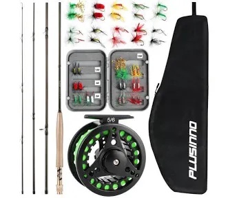 plusinno fly fishing rod and reel combo, 4 piece lightweight ultra-portable graphite fly rod 5/6 complete starter package with carrier bag 5 wt -9' fly rod, 5/6 reel