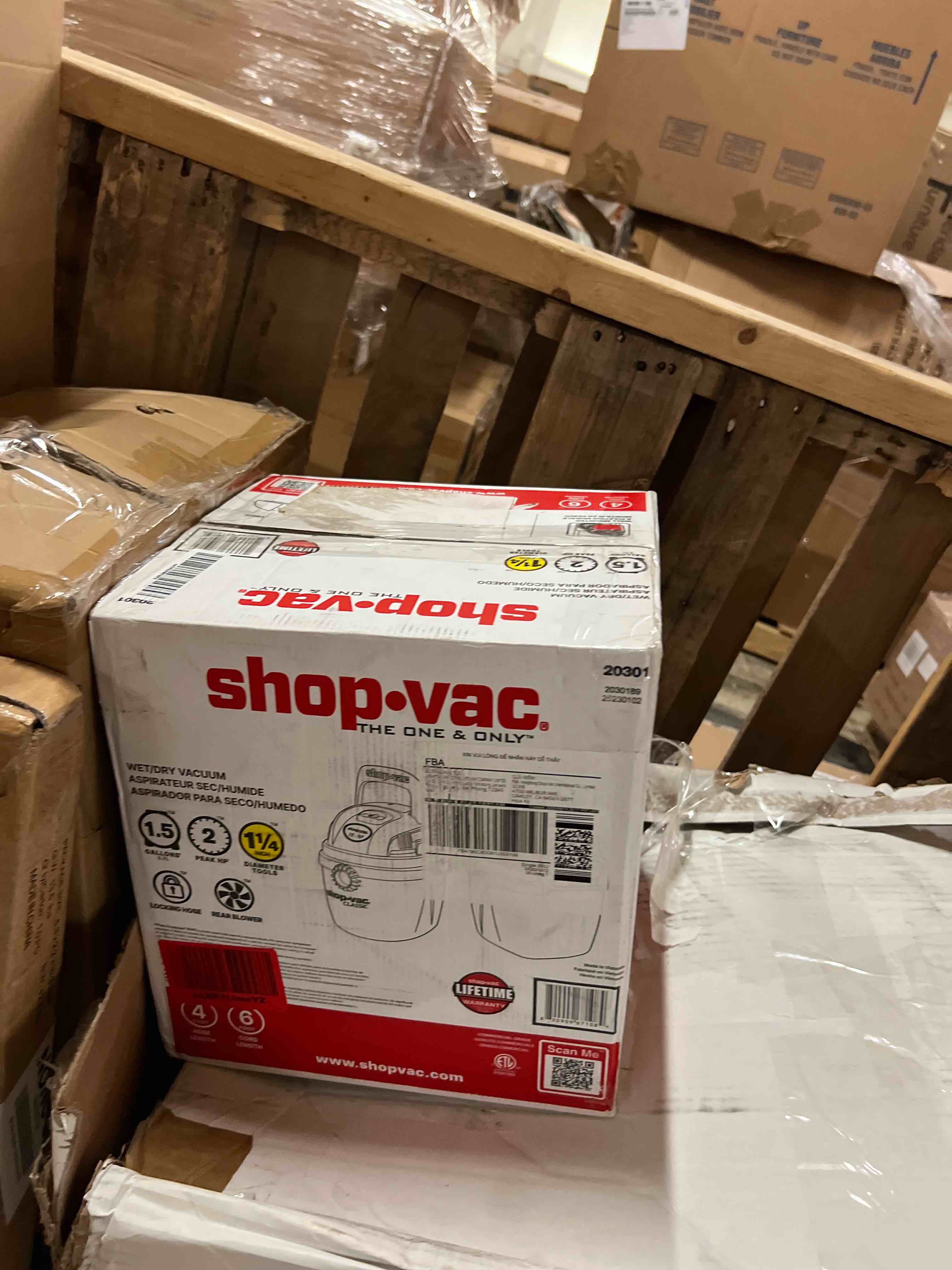 Condition photo showing New/Like New for shop-vac 1.5 gallon 2.0 peak wet dry vacuum, portable compact shop vacuum with collapsible handle wall bracket & attachments, ?2030100