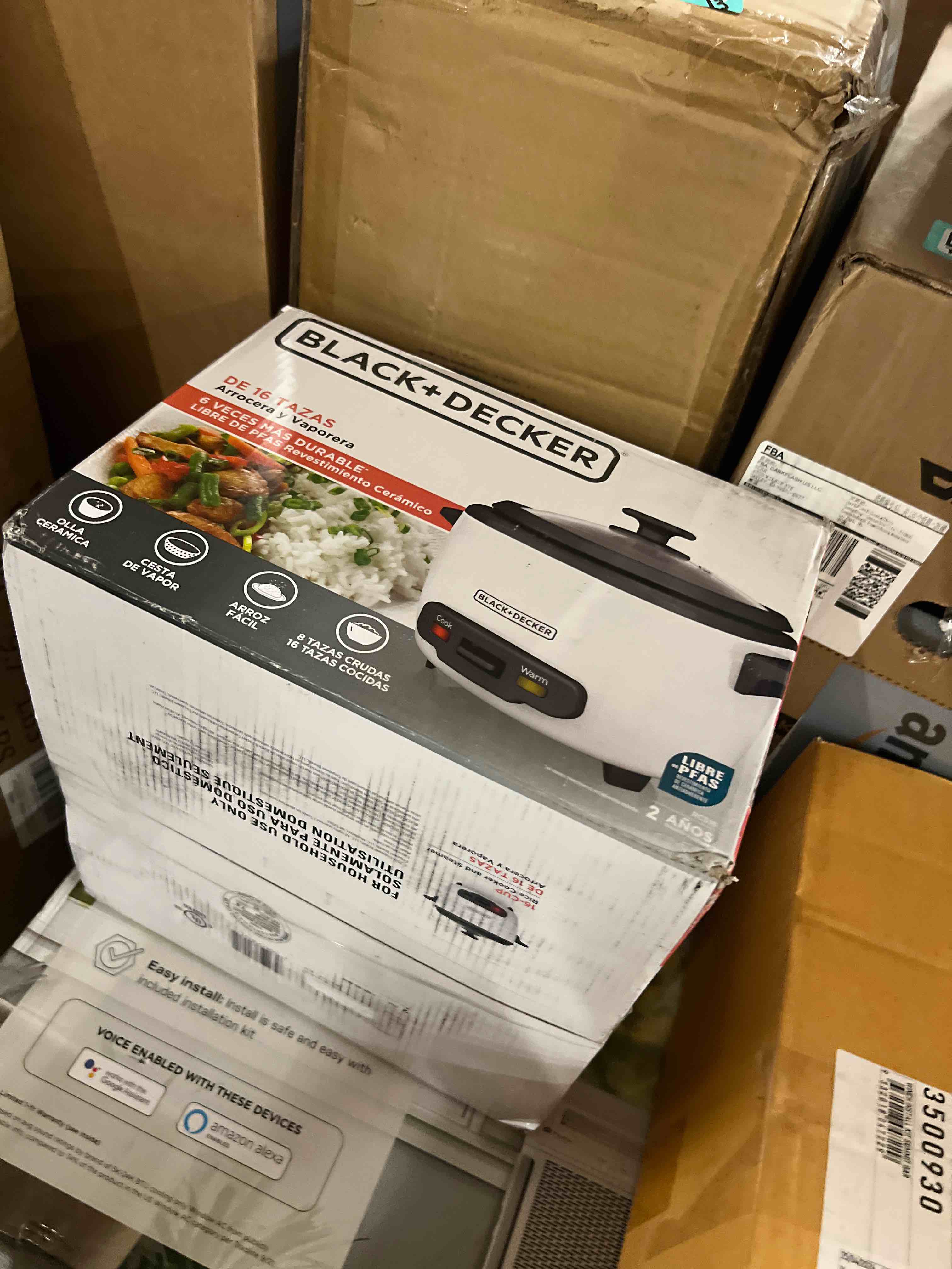 Condition photo showing New/Like New for black+decker 16-cup rice cooker, 8-cup uncooked rice, steaming basket, removable non-stick bowl, one touch, keep warm